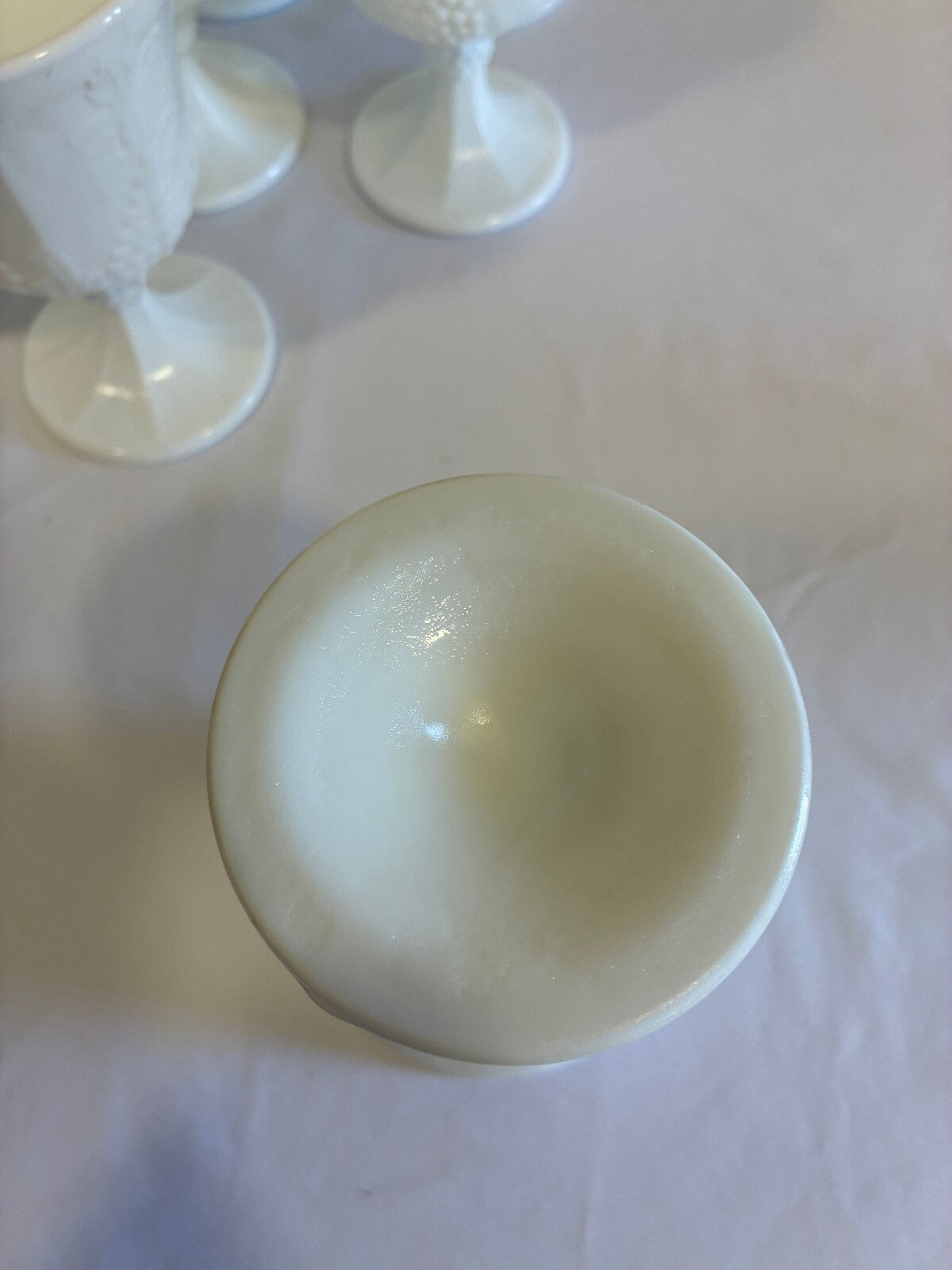 Vintage Milk Glass Goblets Set of 9, White Grape Vine Pattern w/ Pedestal Base