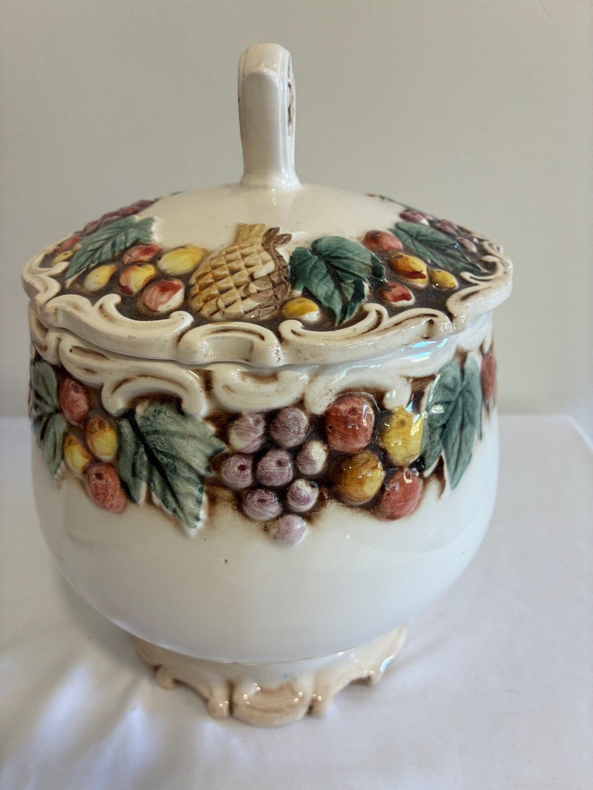 Vintage Lefton Majolica Style Lidded Jar | Raised Fruit & Grape Ceramic Canister
