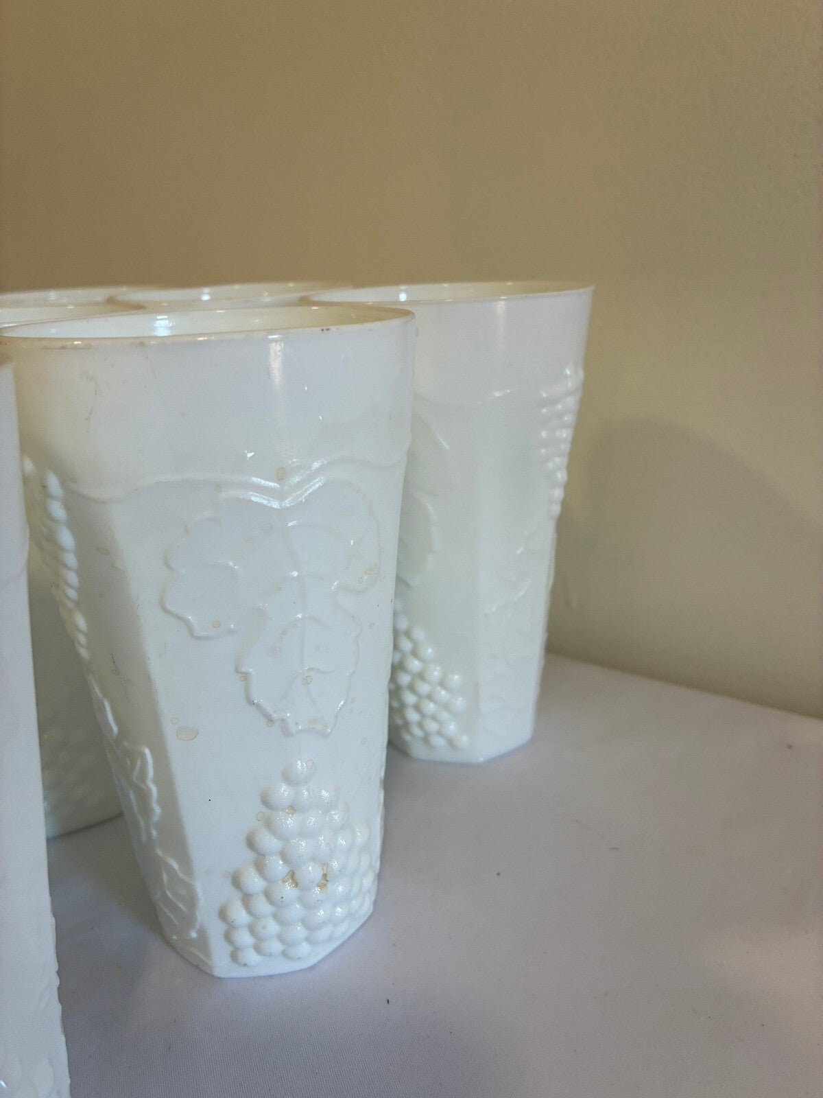 Vintage Milk Glass Tumblers Set of 9 Grape Vine Pattern White Drinking Glasses