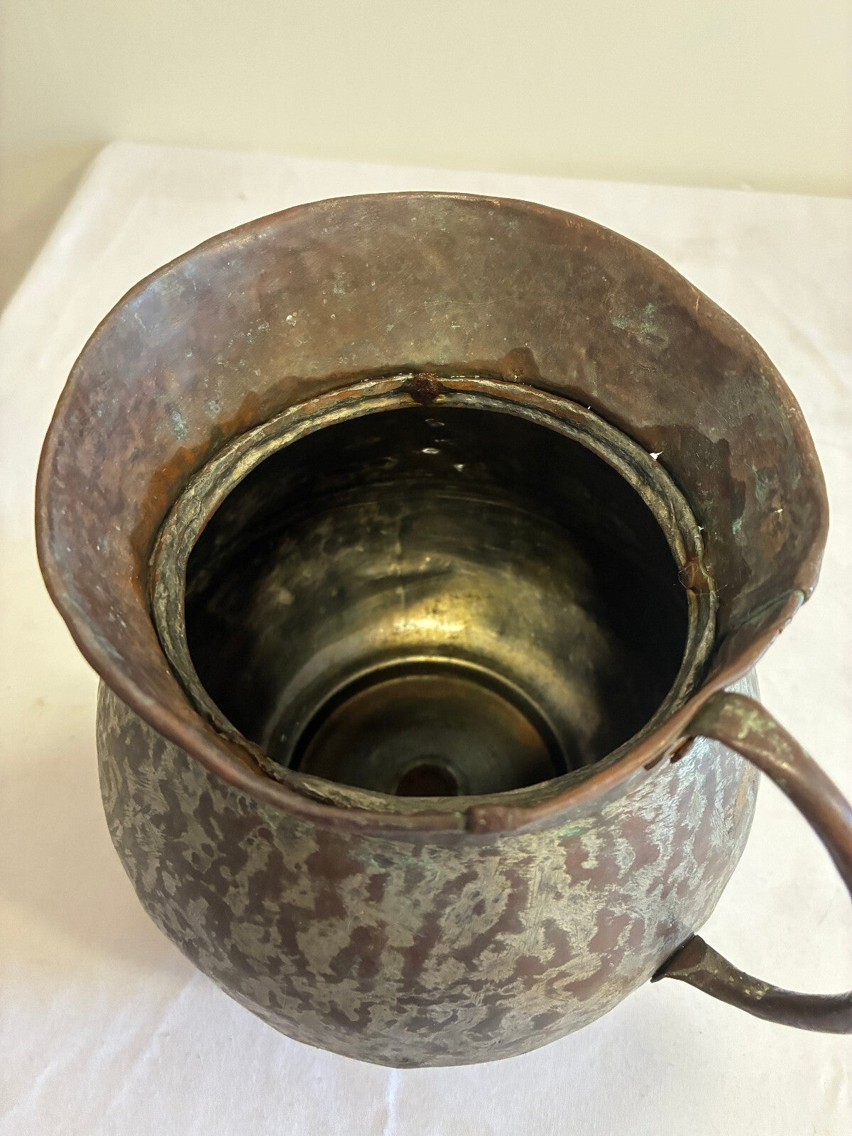 Antique Hand Hammered Copper and Tin Pitcher | Rustic Primitive Water Jug
