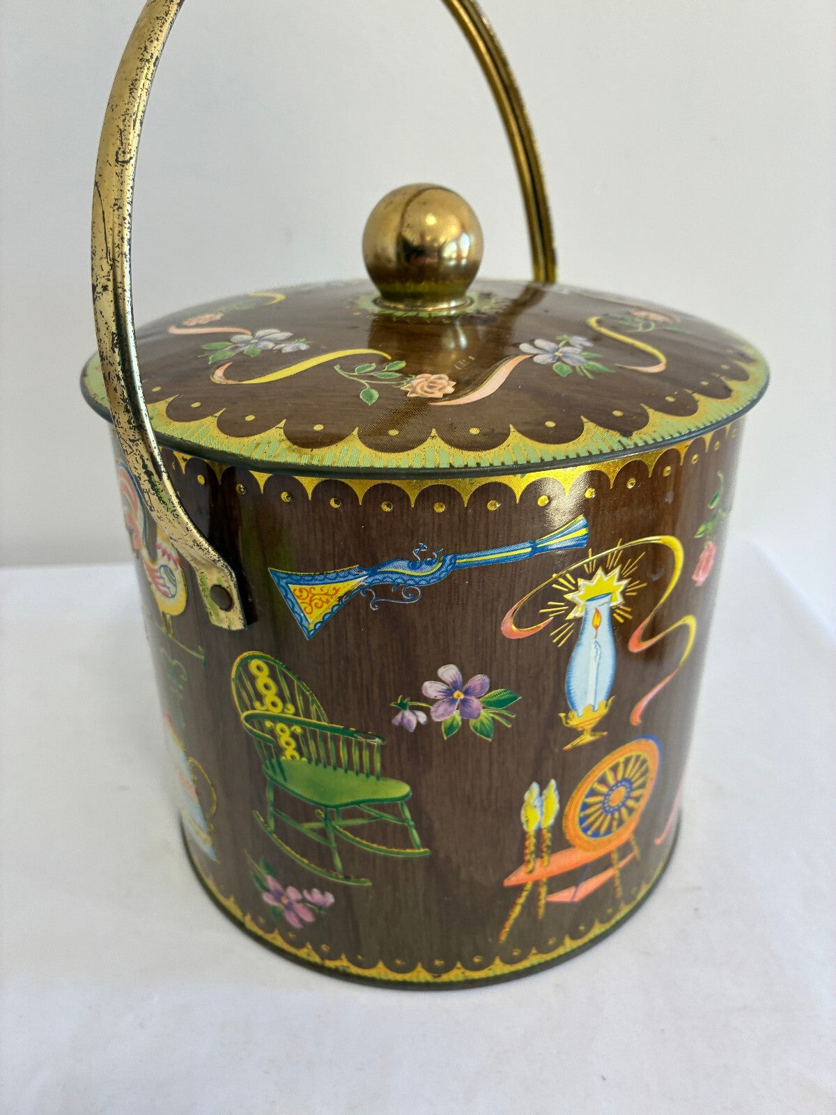 Vintage Daher England Tin with Handle and Lid, Clock Spinning Wheel Roses