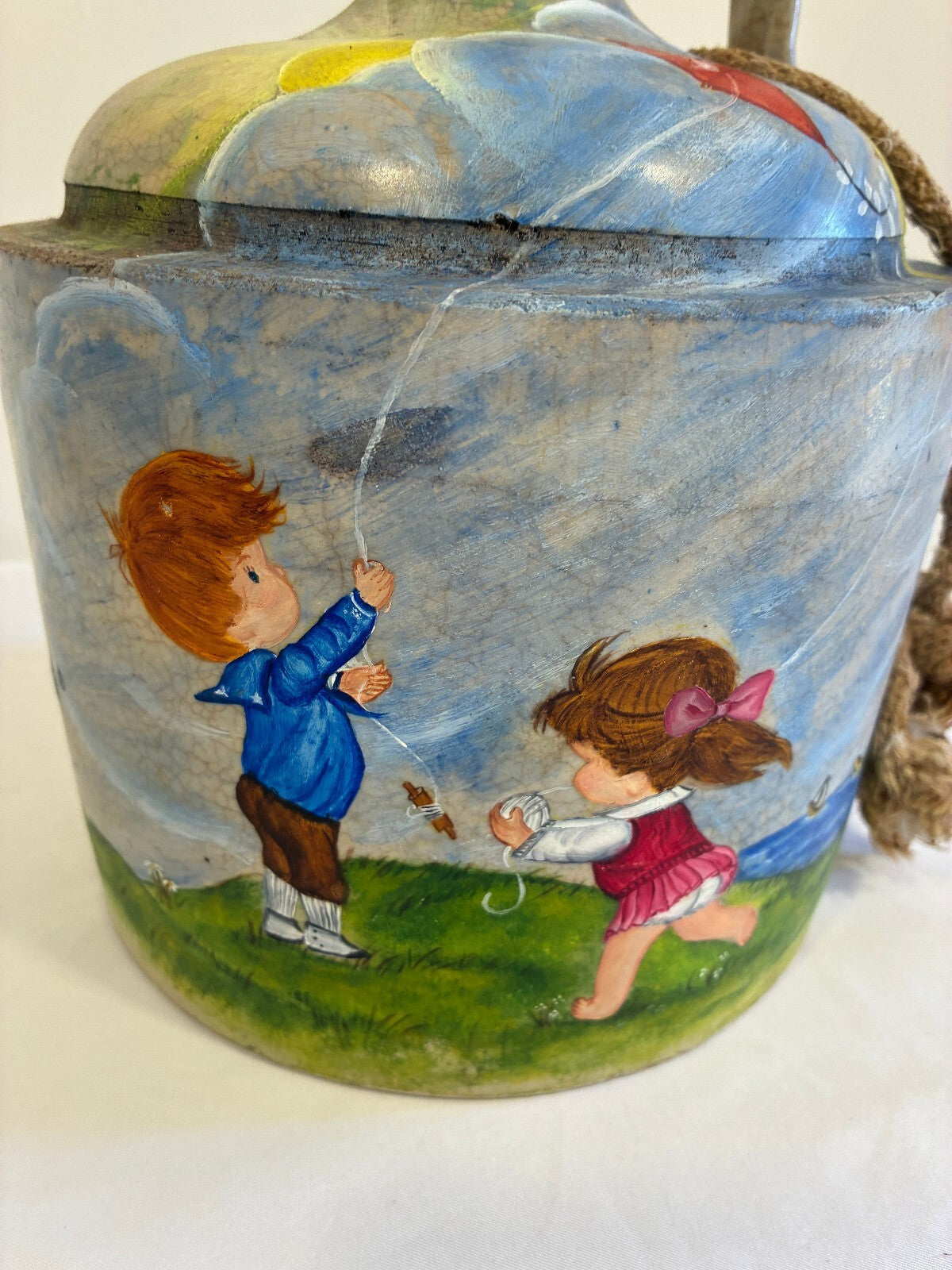 Vintage Hand Painted Ceramic Jug Decanter | Folk Art Children Flying Kites