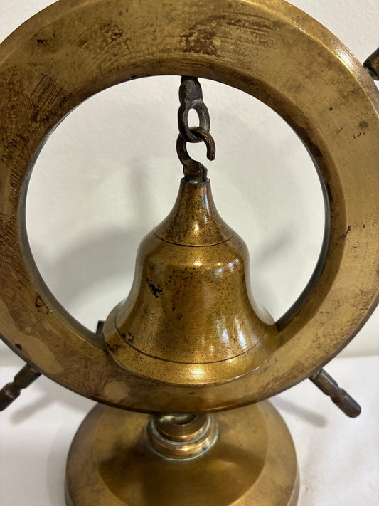 Vintage Brass Ship Wheel Bell on Stand, Nautical Desk or Counter Bell, India