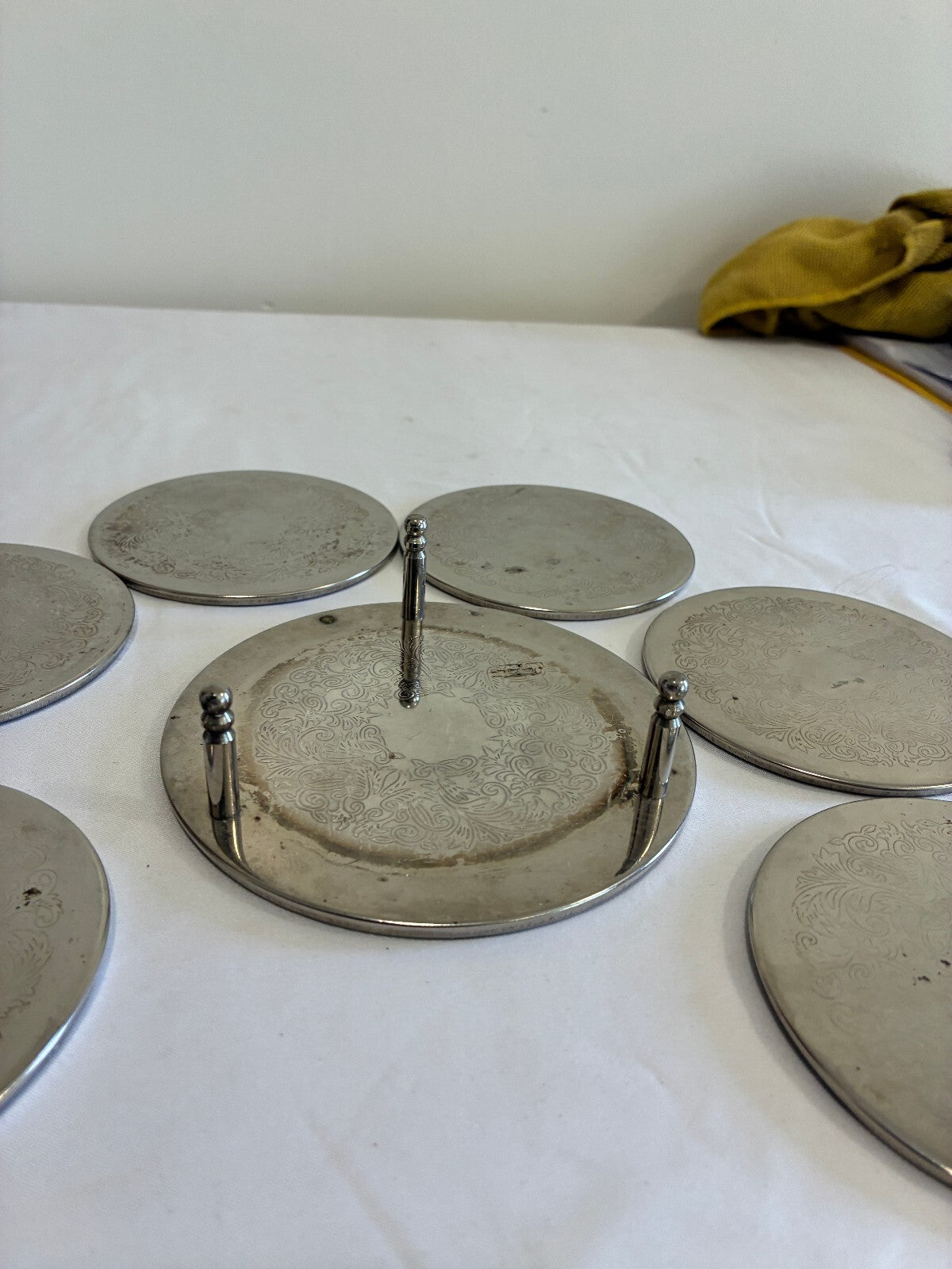 Vintage Set of 6 Silver Coasters with Holder Engraved Floral