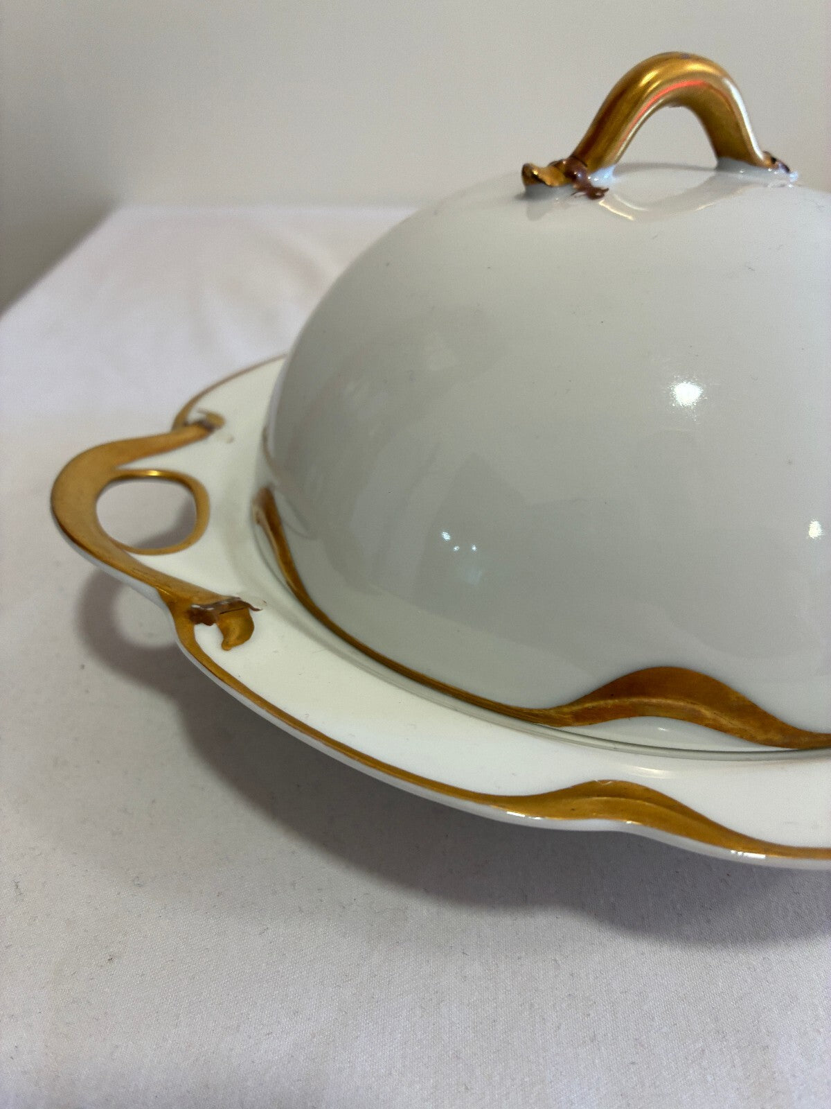 Antique Haviland & Co Limoges Domed Butter Dish | Gold Gilt Handles, France