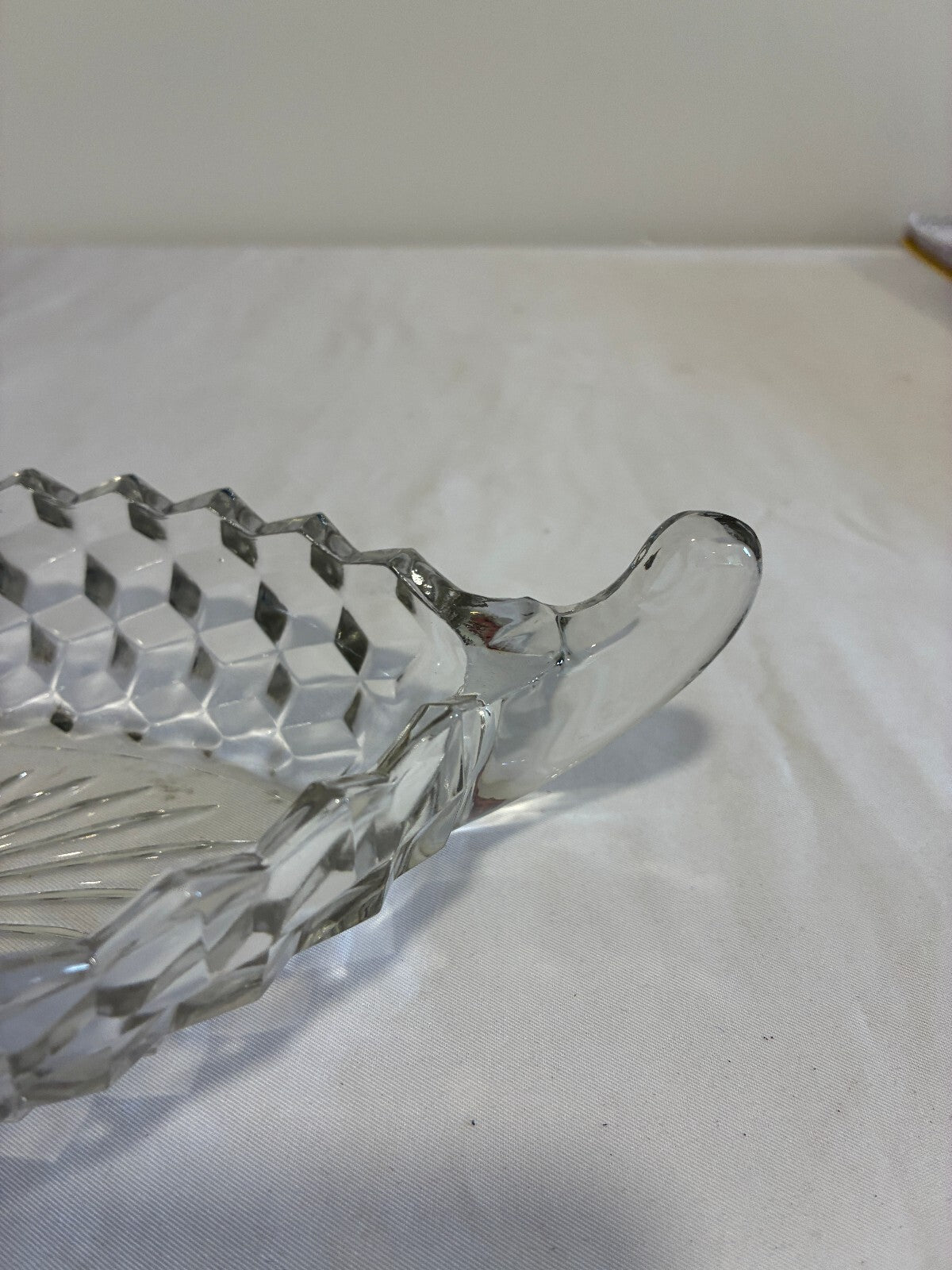 Vintage Fostoria American Crystal Boat Dish | Oval Diamond Cut Glass Relish Tray | Scroll Handle Bowl | Vintage Finds