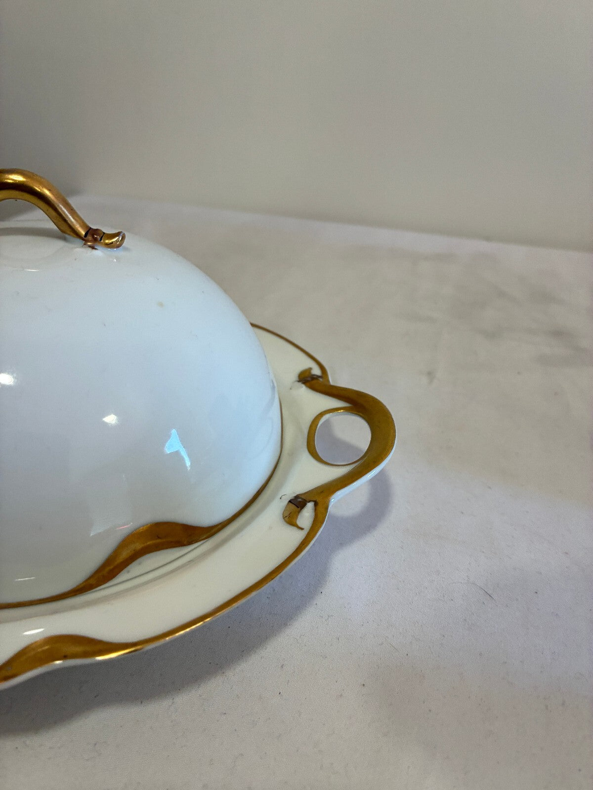 Antique Haviland & Co Limoges Domed Butter Dish | Gold Gilt Handles, France