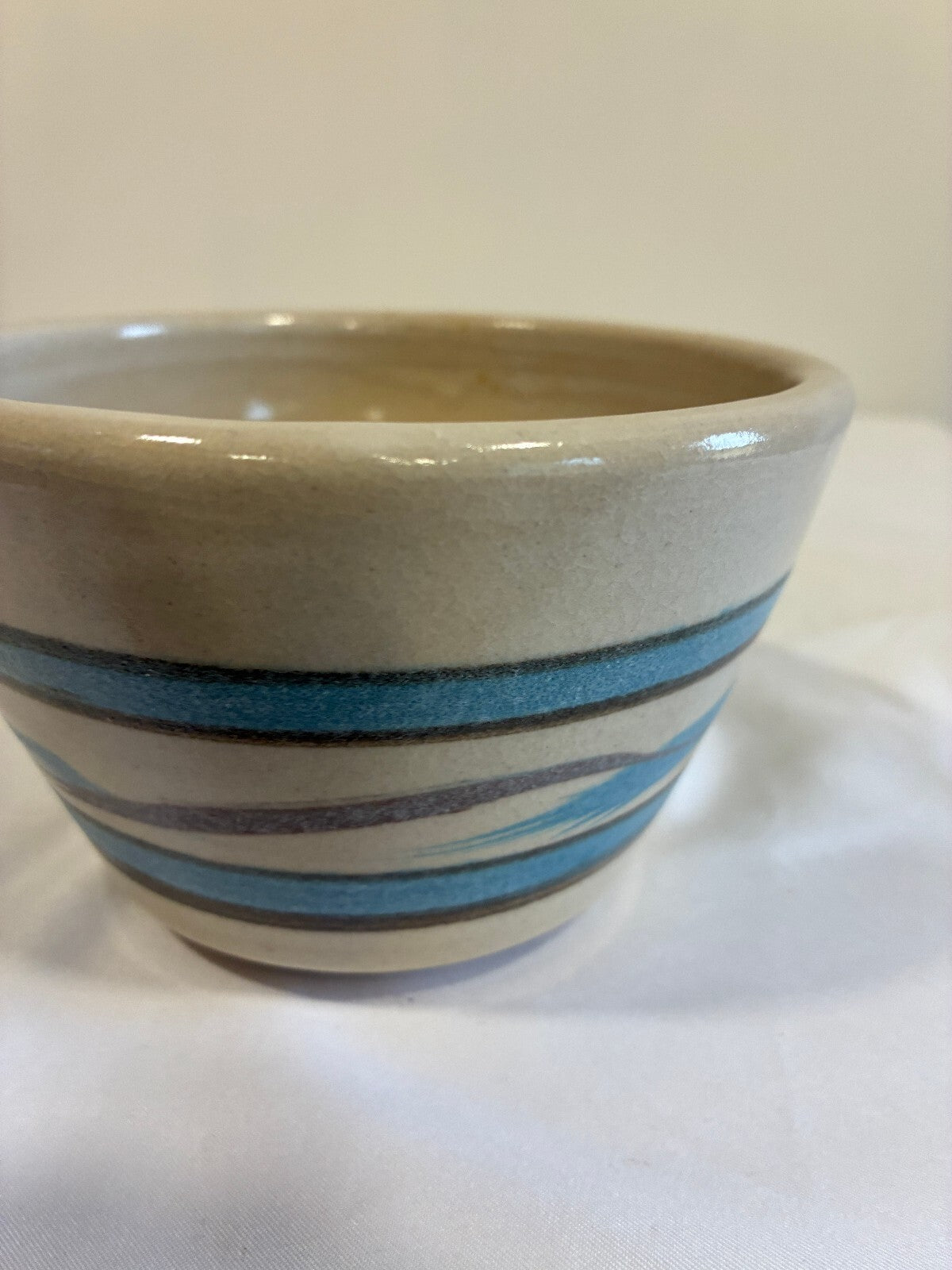 Vintage Studio Pottery Bowl, Hand Painted Blue Stripe Design, Signed