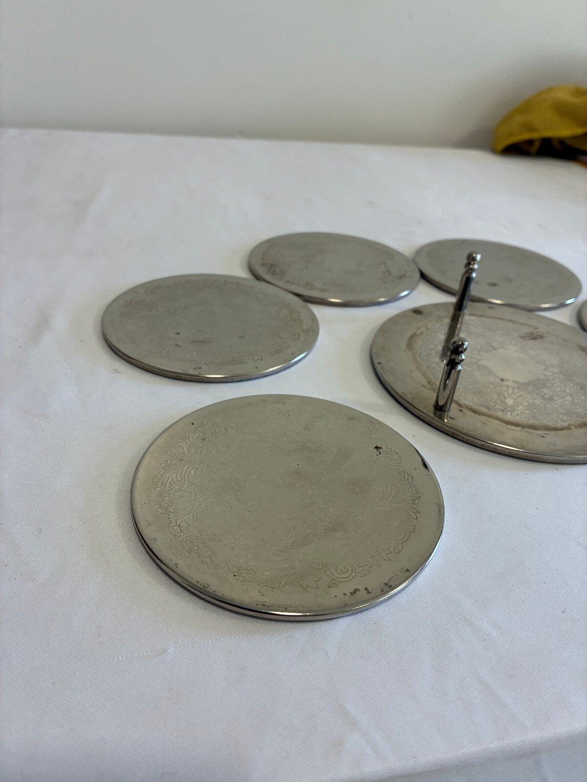 Vintage Set of 6 Silver Coasters with Holder Engraved Floral