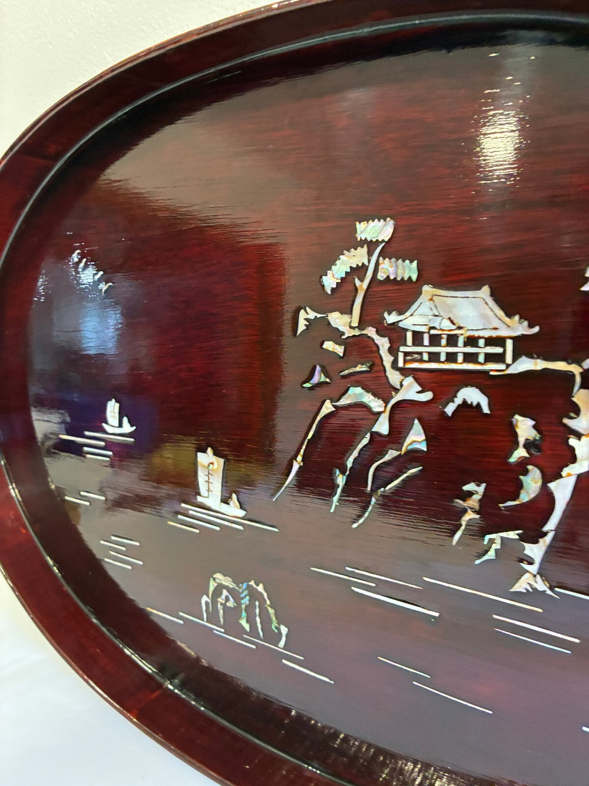 Asian Lacquer Mother of Pearl Inlay Tray | Oval Wood Landscape Scene
