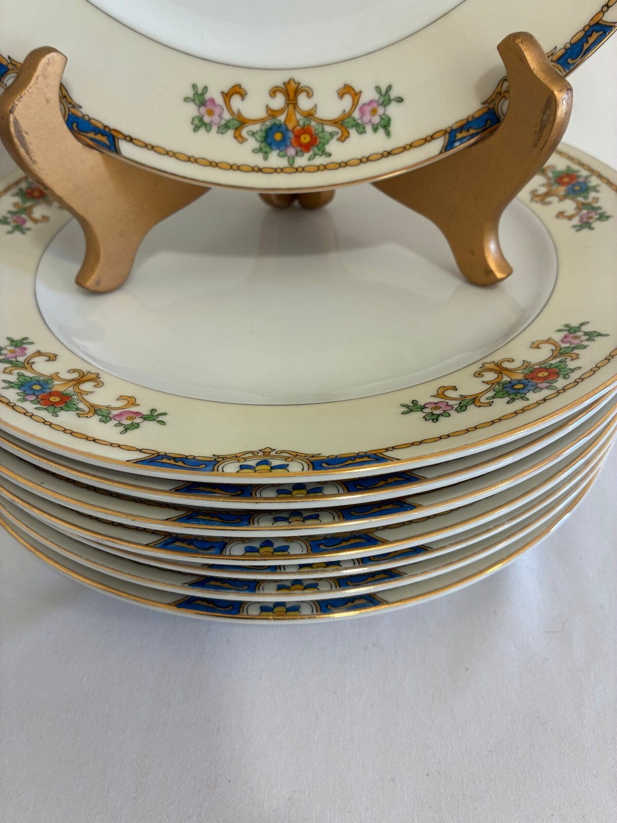 Vintage Meito Warren Dinner Plates, Set of 7, Floral China, Blue and Gold Border