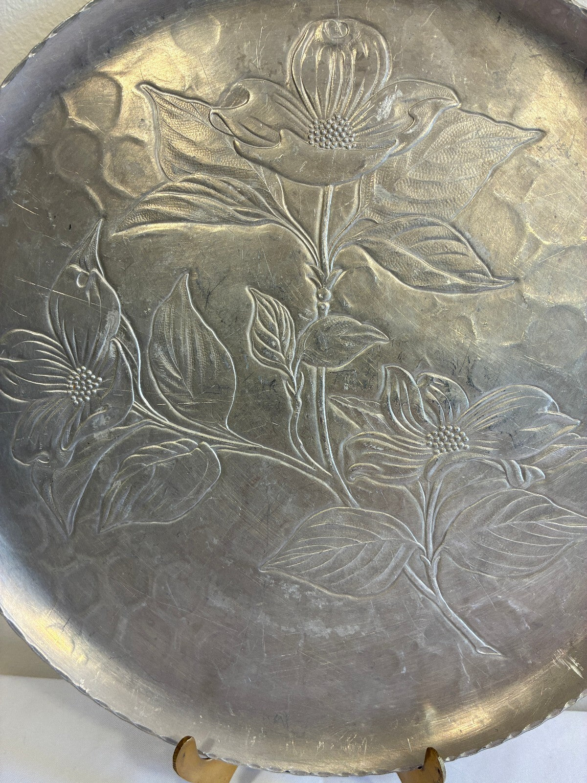 Vintage Hammered Aluminum Serving Tray | Hand Chased Dogwood Flower Design