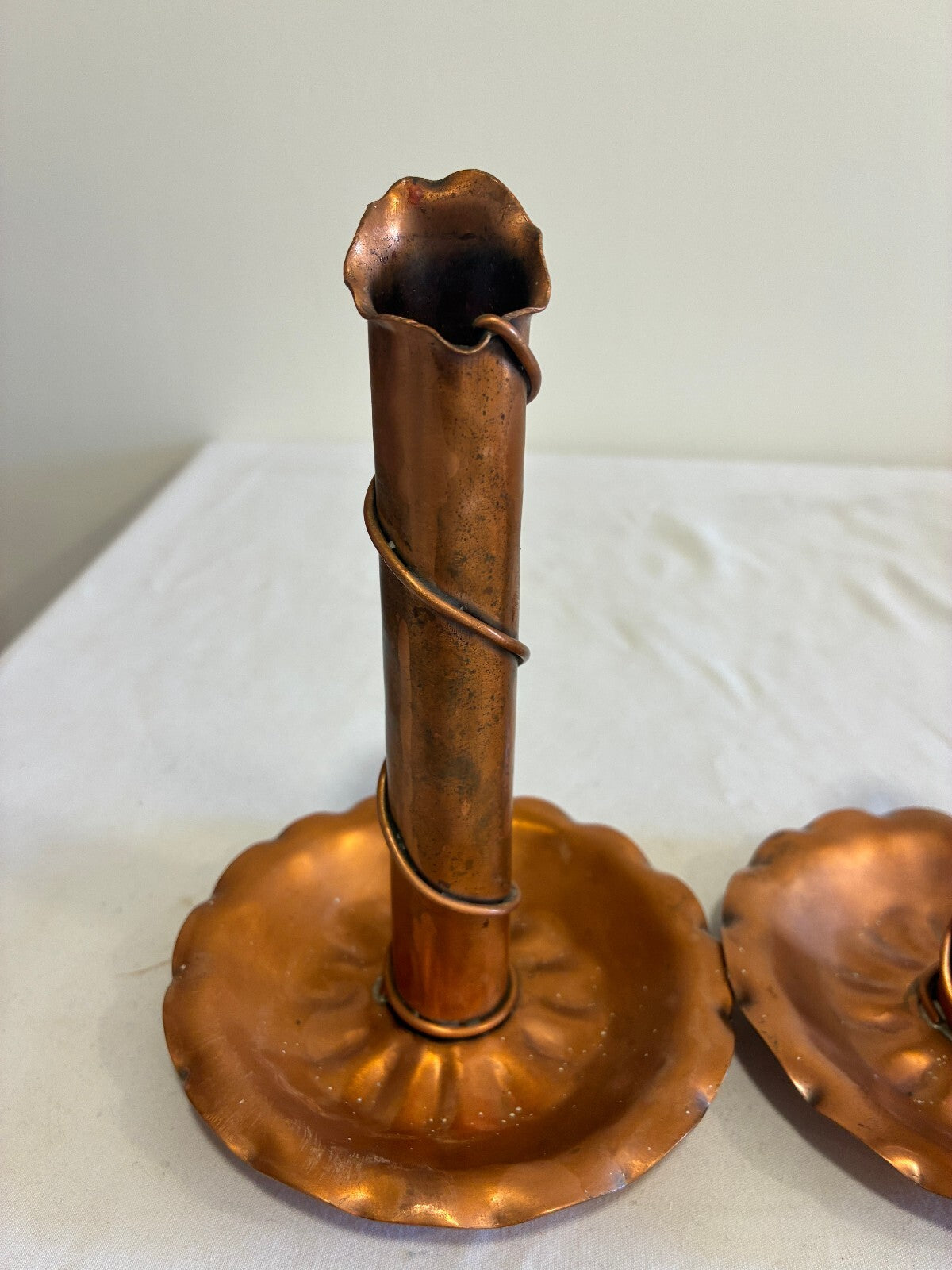Vintage Gregorian Handmade Copper Candlestick Holders Pair | Twisted Wire Design
