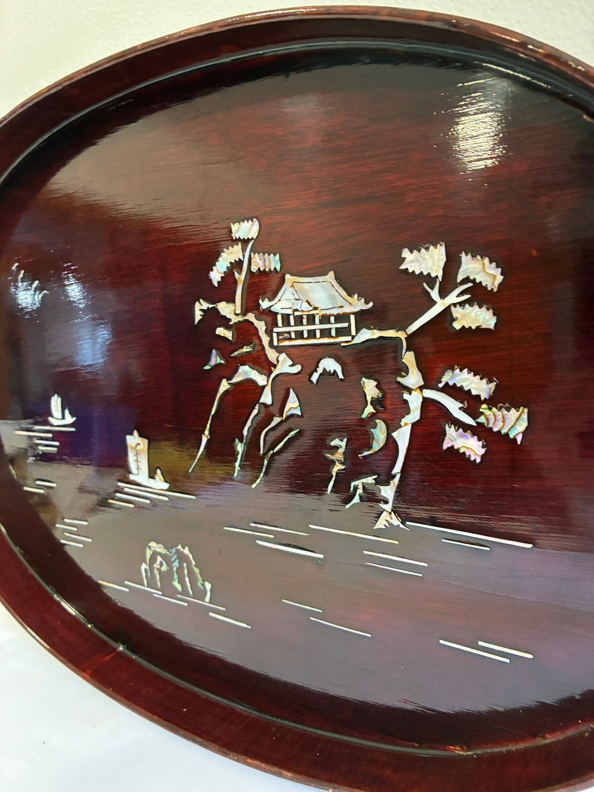 Asian Lacquer Mother of Pearl Inlay Tray | Oval Wood Landscape Scene