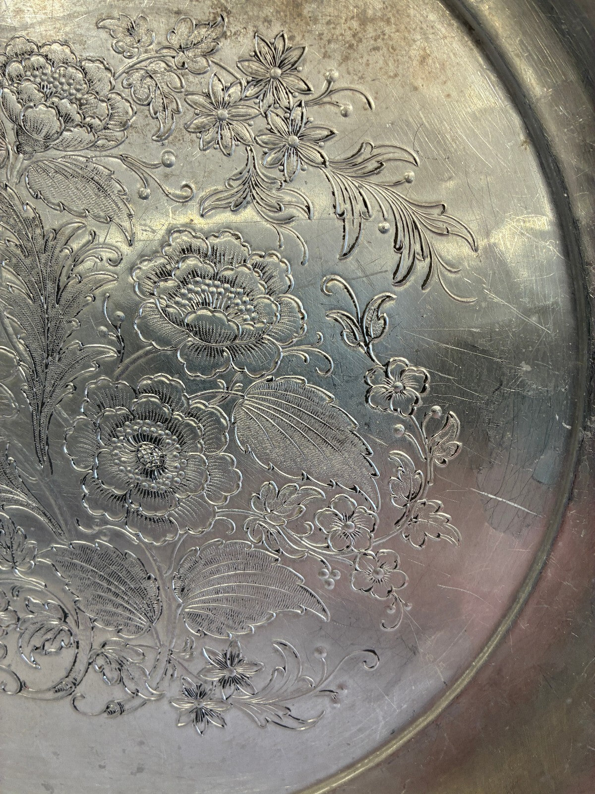 Vintage Federal Silver Co Aluminum 13.1" Round Floral Engraved Serving Tray