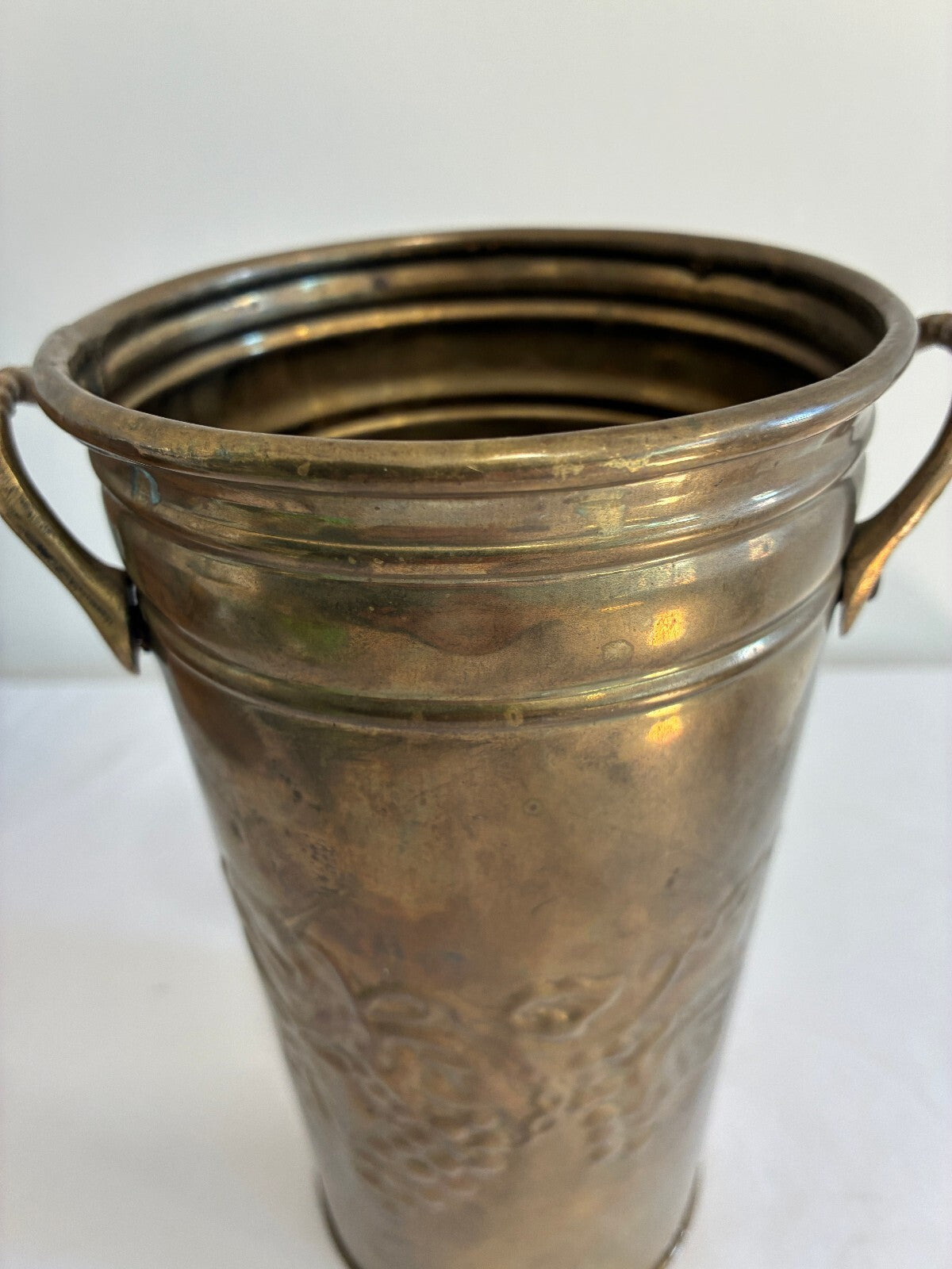 Vintage Hosley Solid Brass Grapevine Vase with Handles | Embossed Flower Bucket