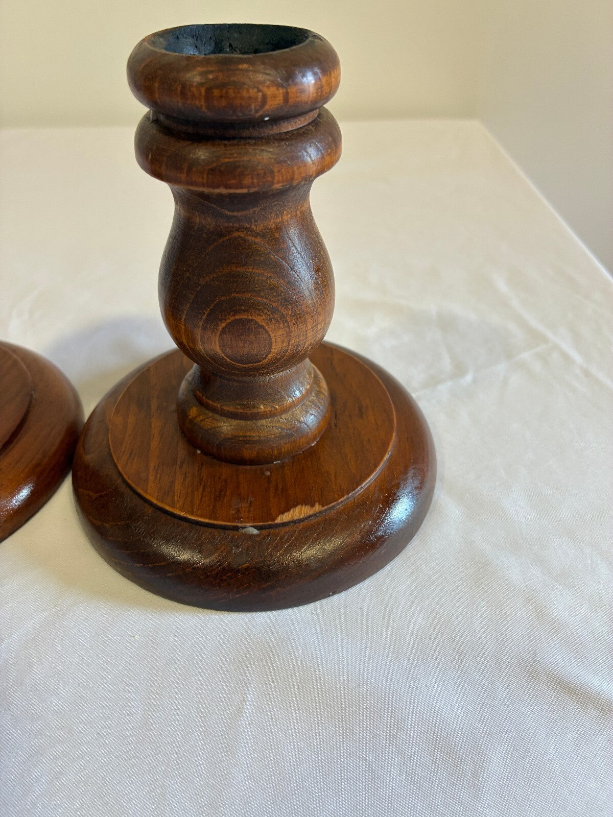 Vintage Turned Wood Candlestick Holders Pair | Round Base Wooden Candleholders