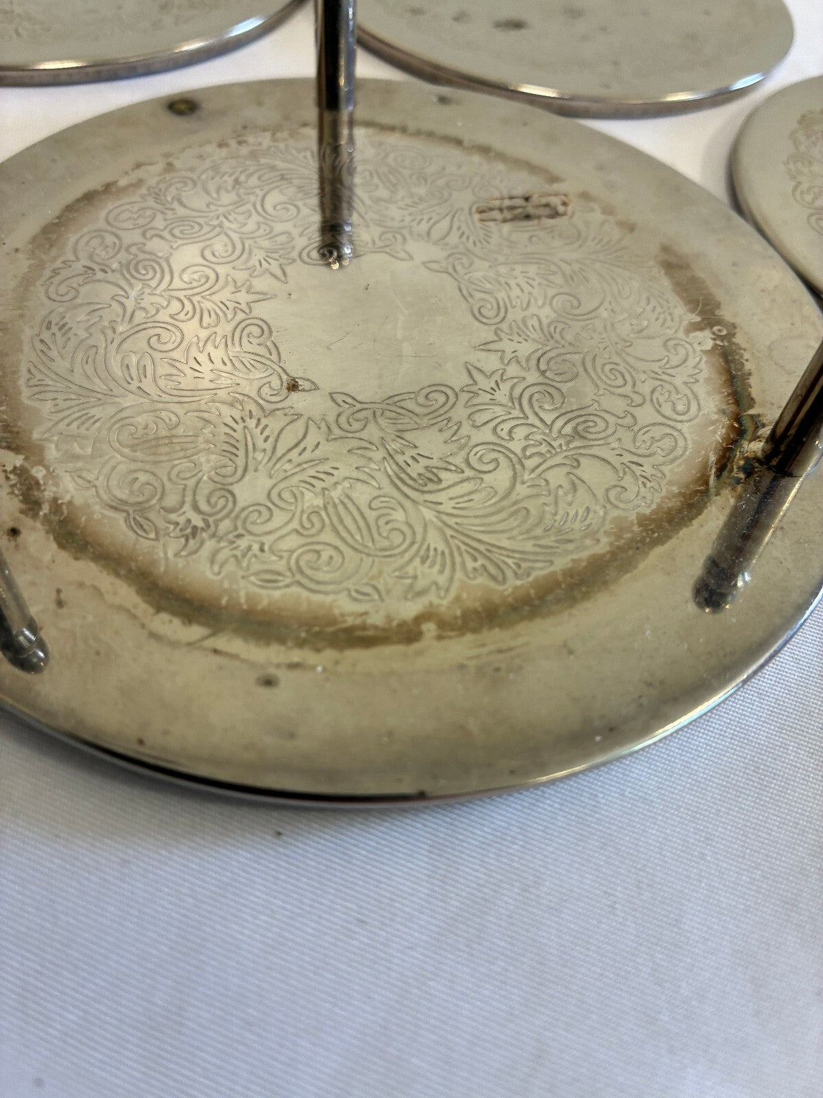 Vintage Set of 6 Silver Coasters with Holder Engraved Floral
