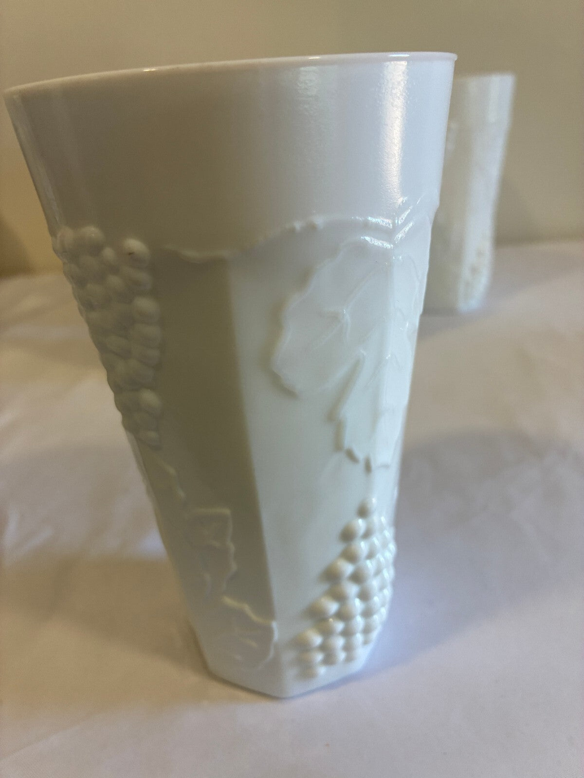 Vintage Milk Glass Tumblers Set of 9 Grape Vine Pattern White Drinking Glasses