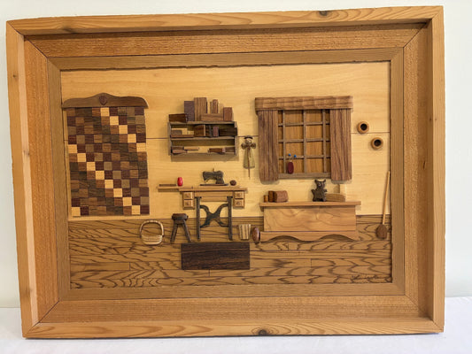 Signed Cleve Lewis Wood Marquetry Diorama "Grandma's Passion" 1994 | Handmade Folk Art