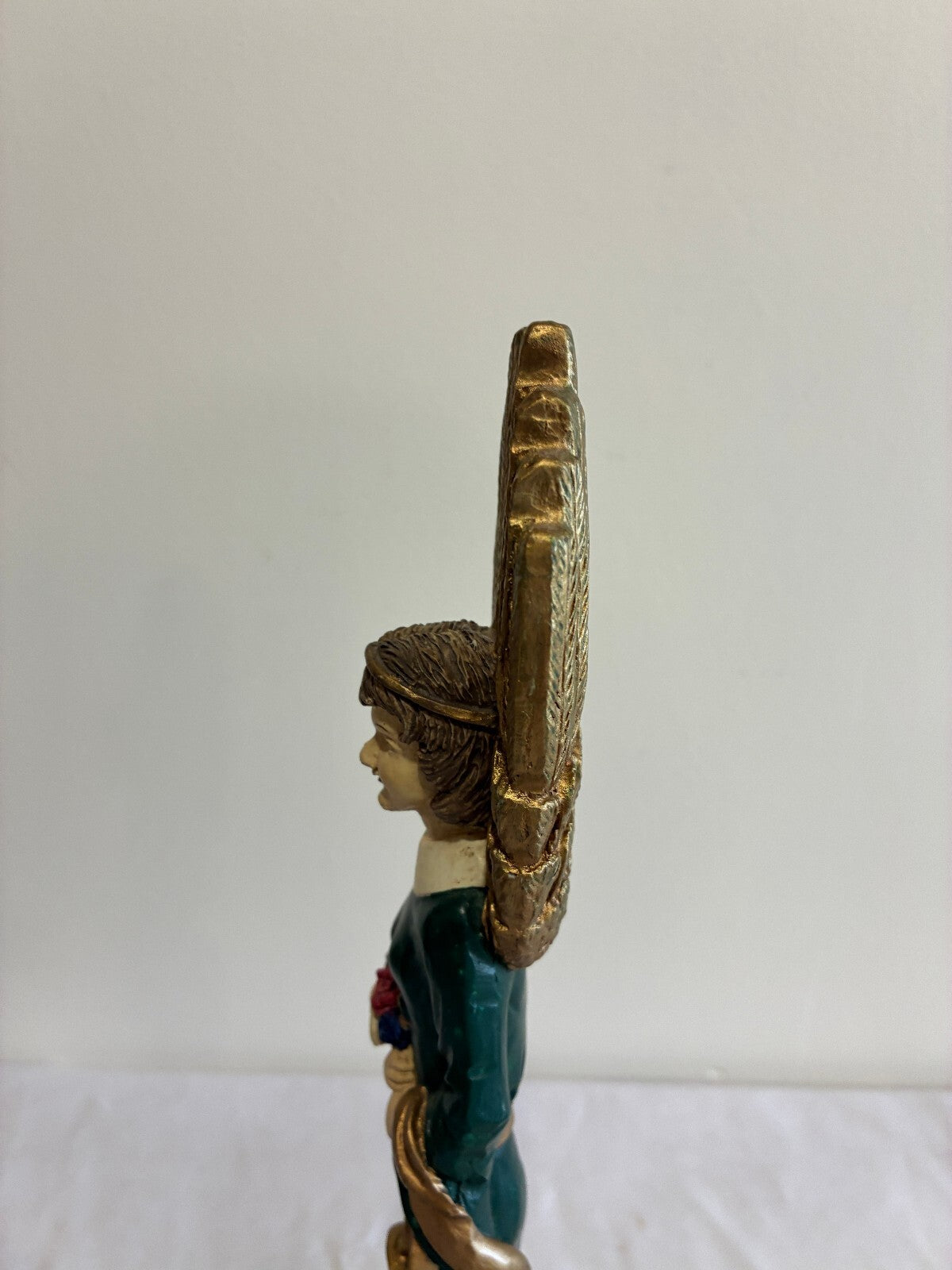 Vintage Carved Angel Figurine with Gold Wings, Painted Statue with Flowers