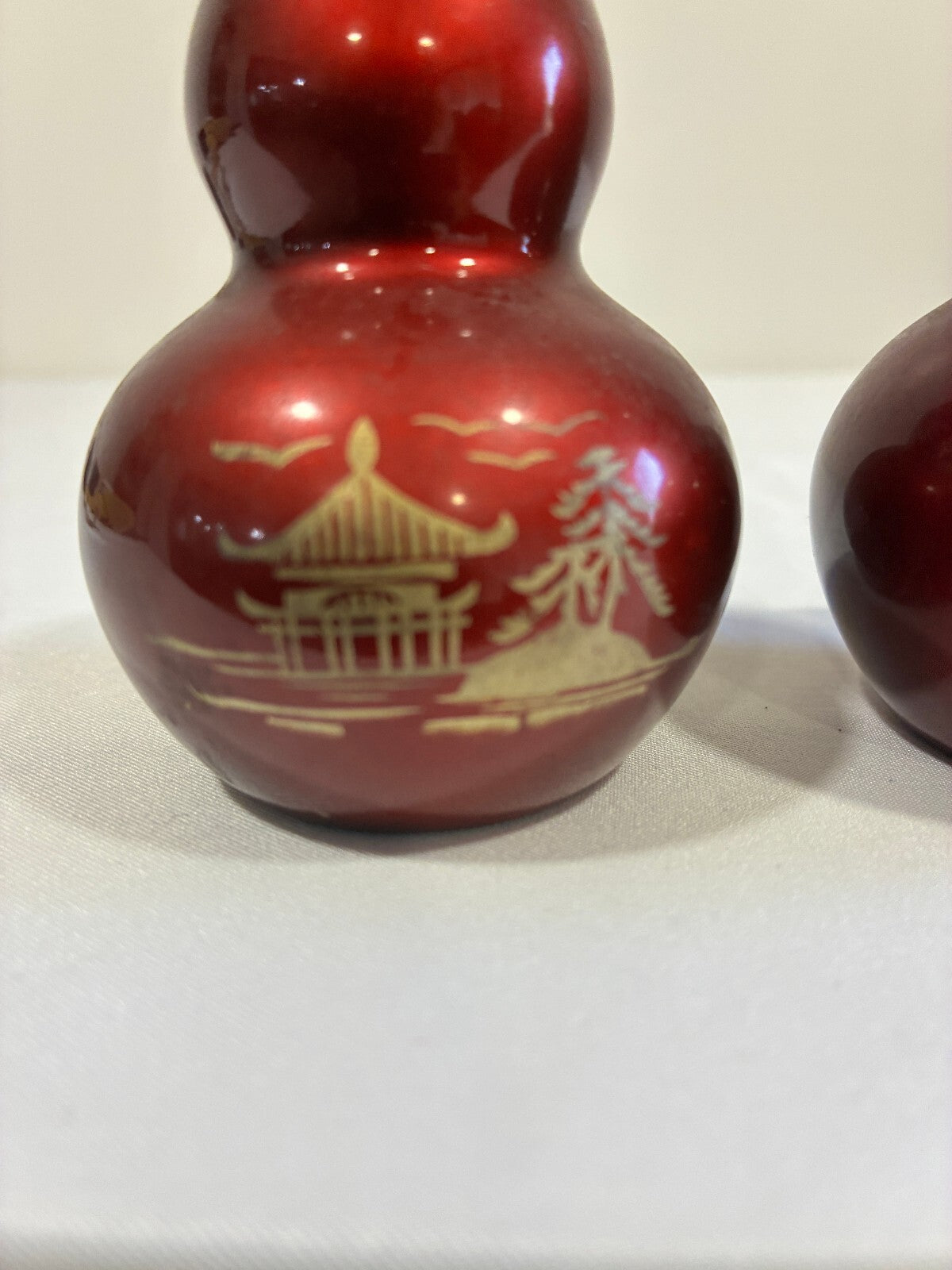 Vintage Red Lustreware Salt and Pepper Shakers | Gourd Shape Pagoda Design