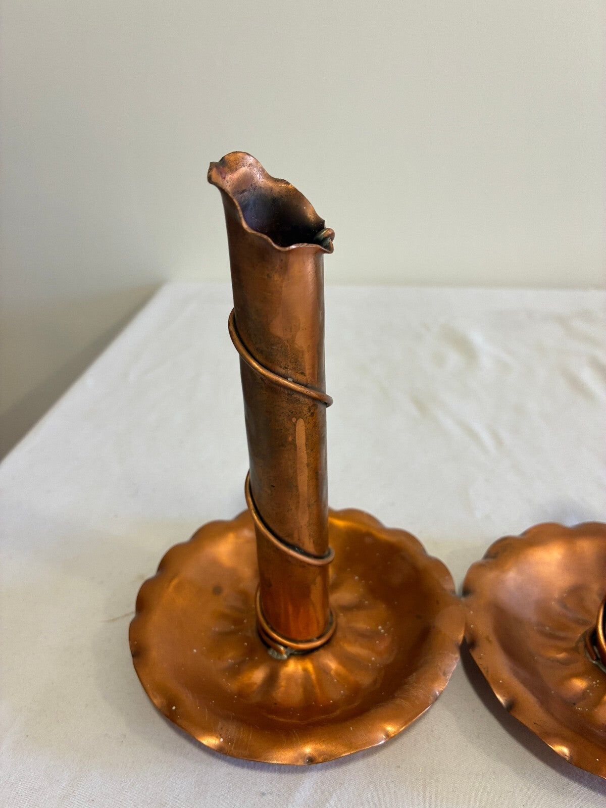 Vintage Gregorian Handmade Copper Candlestick Holders Pair | Twisted Wire Design