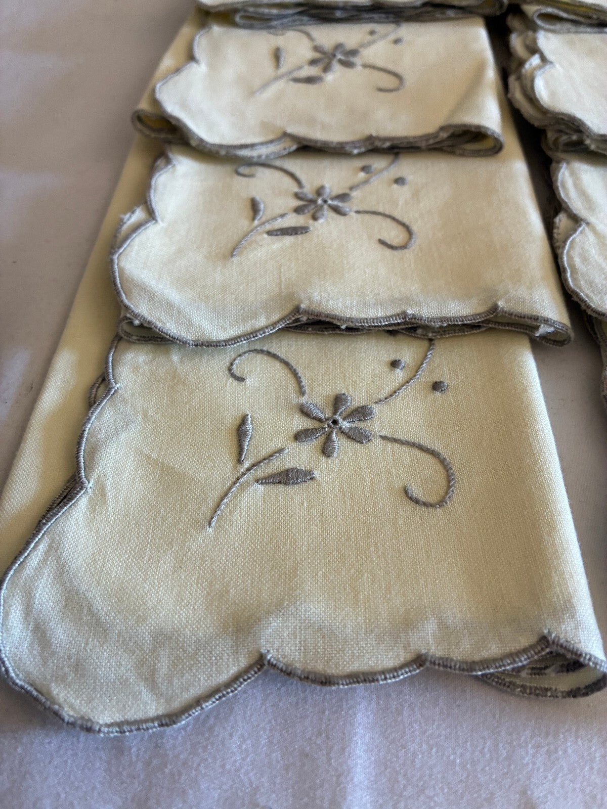 Vintage Ivory Cotton Napkins Set of 8 | Gray Embroidered Floral Scalloped Edge