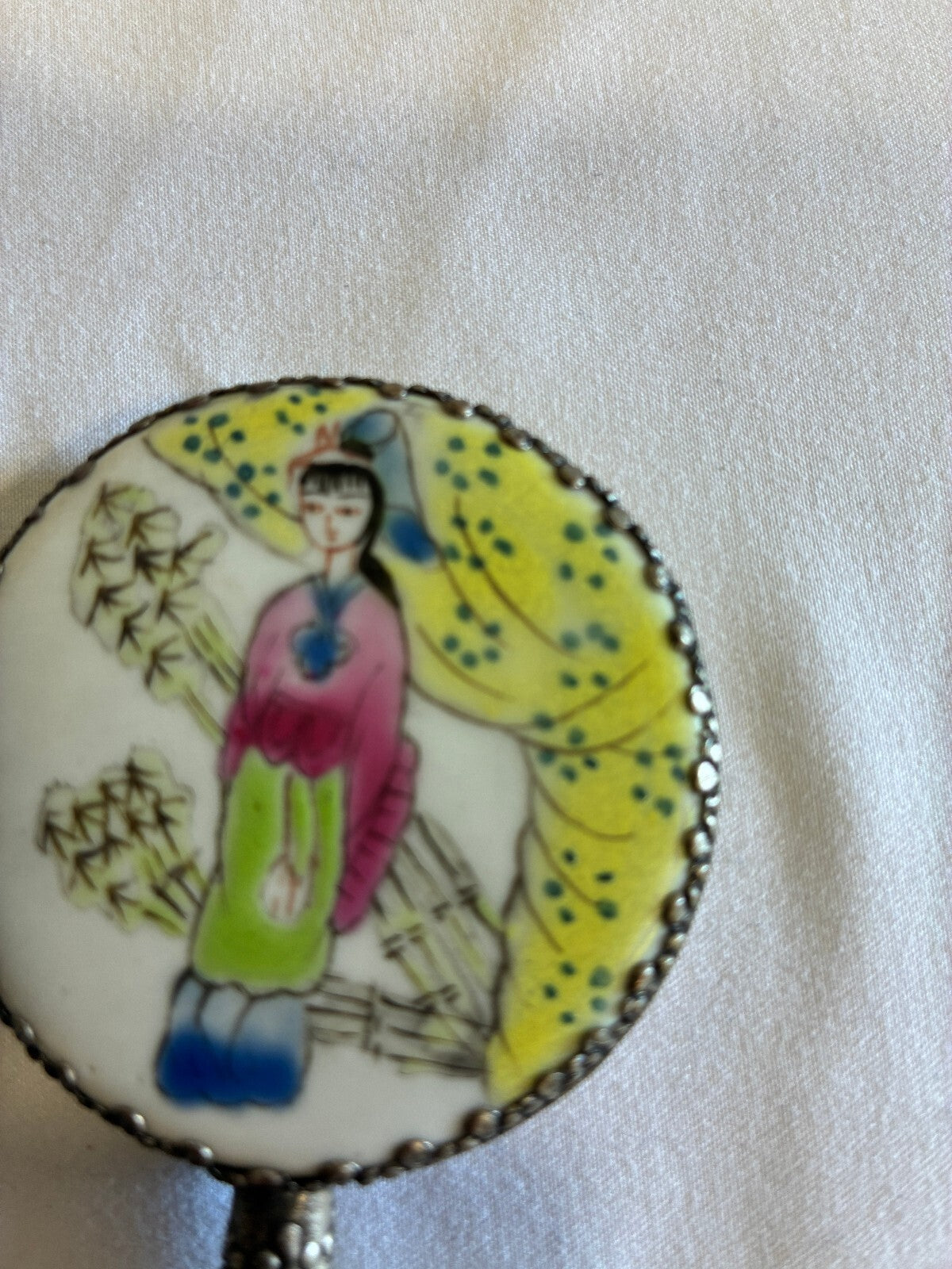 Vintage Painted Hand Mirror Jade Handle Silver Frame Asian Lady Scene