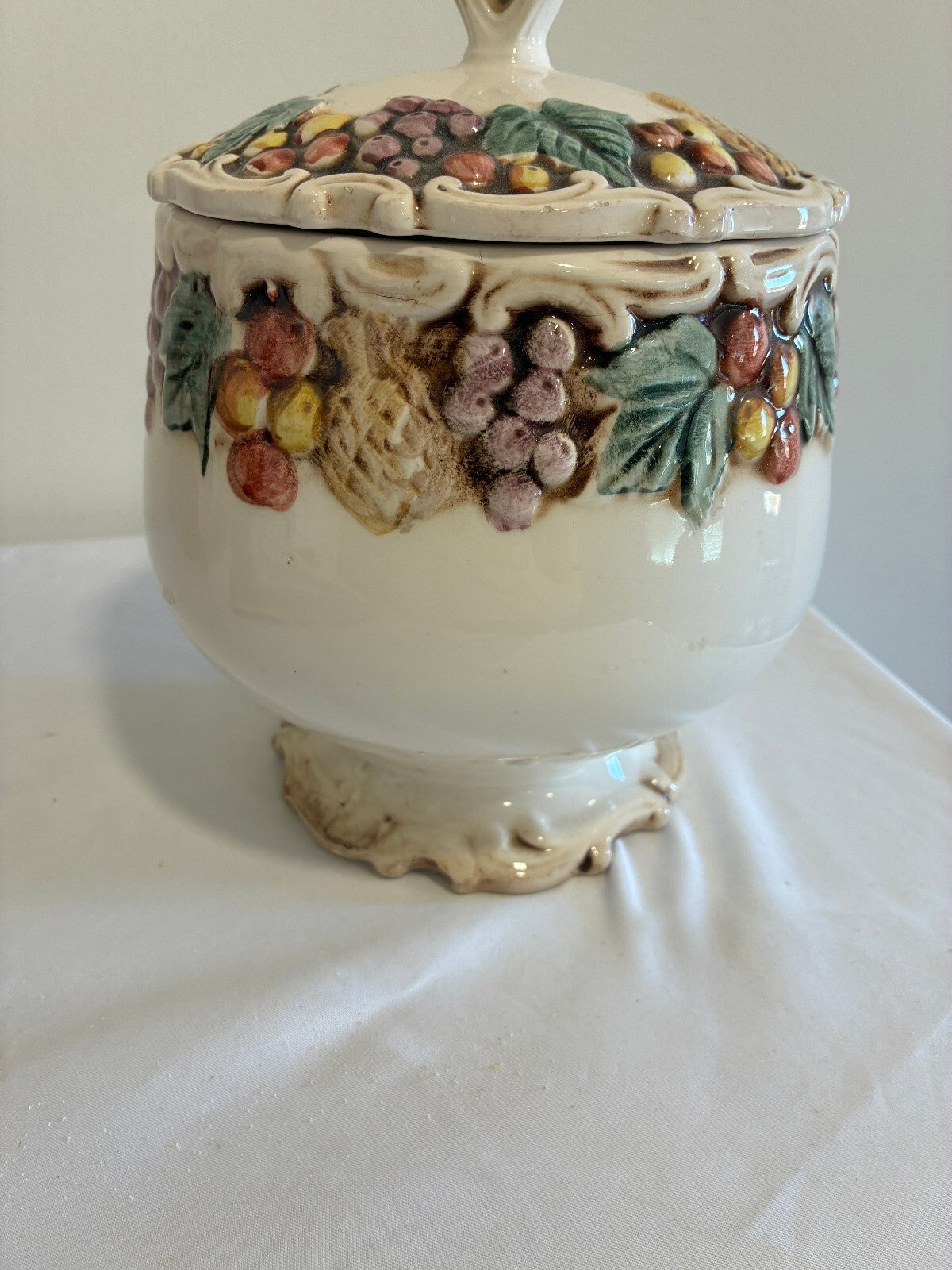 Vintage Lefton Majolica Style Lidded Jar | Raised Fruit & Grape Ceramic Canister