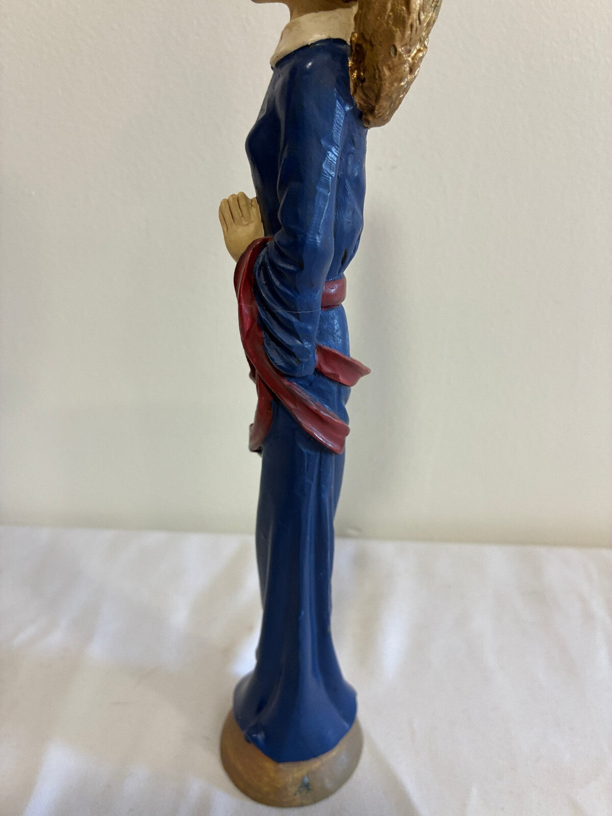 Vintage Blue Angel Figurine with Gold Wings, Painted Statue with Flowers