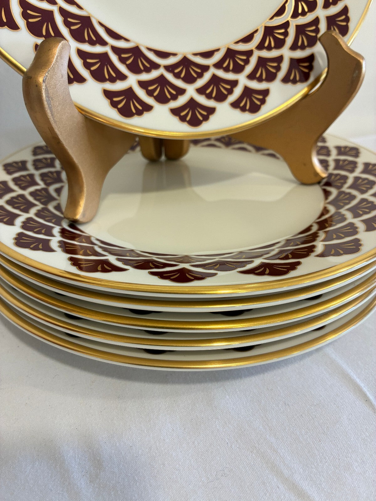 Vintage Pickard Ensemble Fine China Salad Plates, Set of 8, Burgundy & Gold