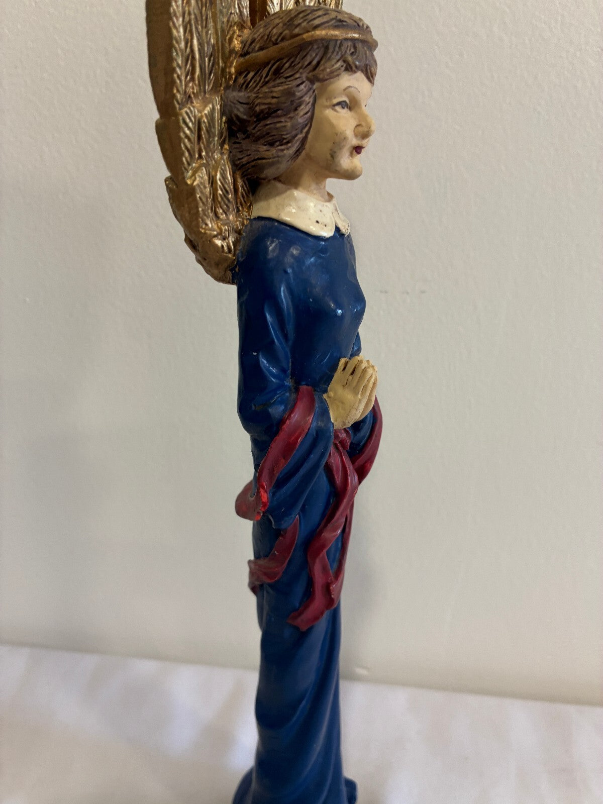 Vintage Blue Angel Figurine with Gold Wings, Painted Statue with Flowers