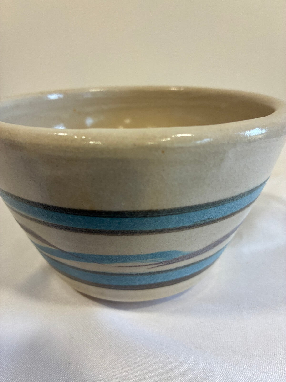 Vintage Studio Pottery Bowl, Hand Painted Blue Stripe Design, Signed