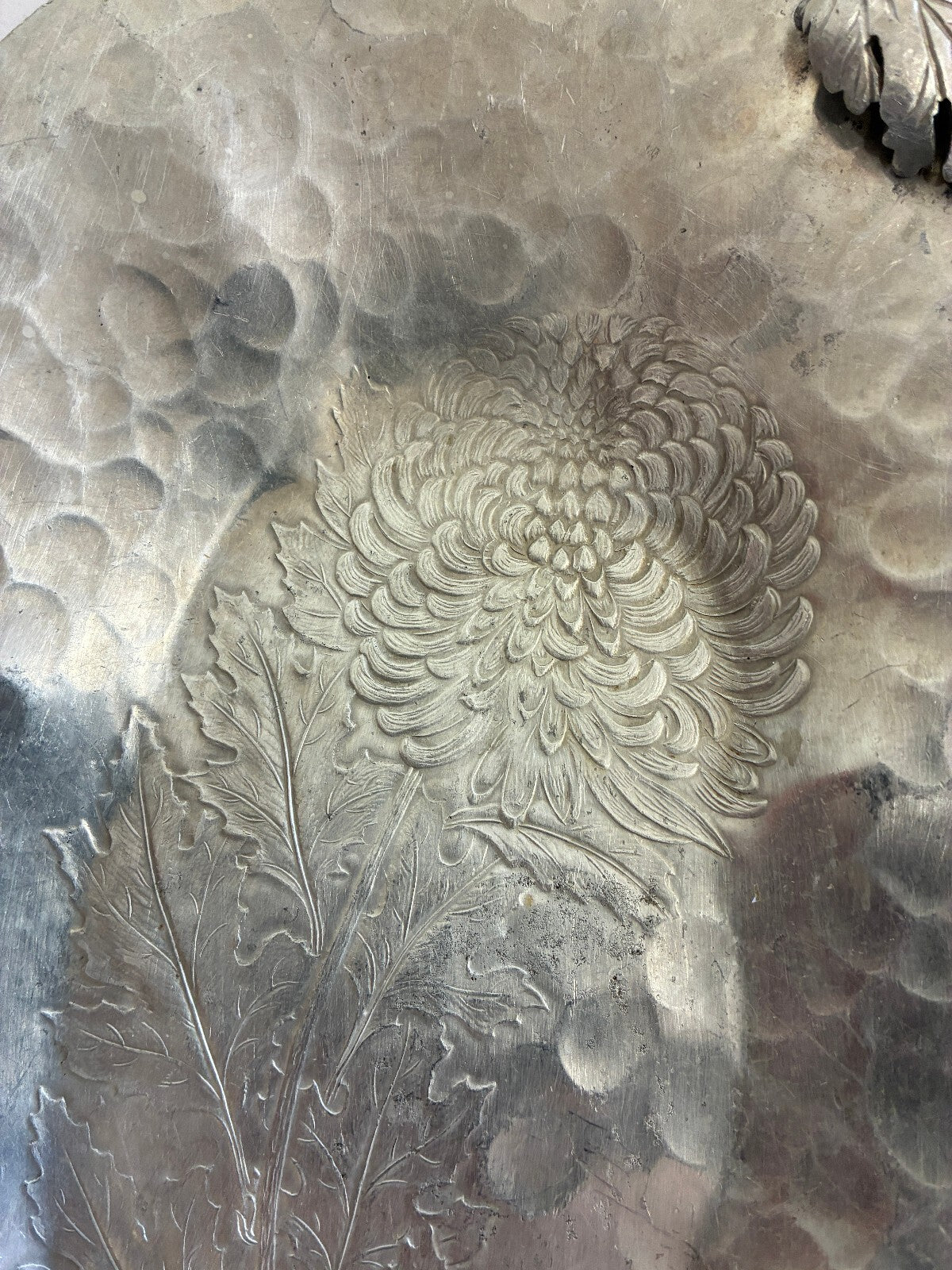 Vintage Continental Hand Wrought Aluminum Tray | Chrysanthemum Leaf Serving Dish