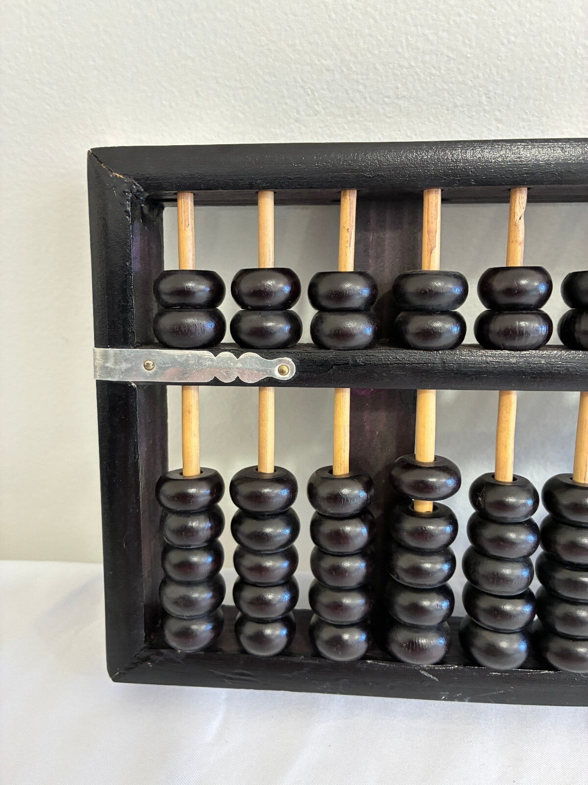 Vintage Asian Wood Abacus, Black with Metal, 13-Rod Counting Frame, Black Beads