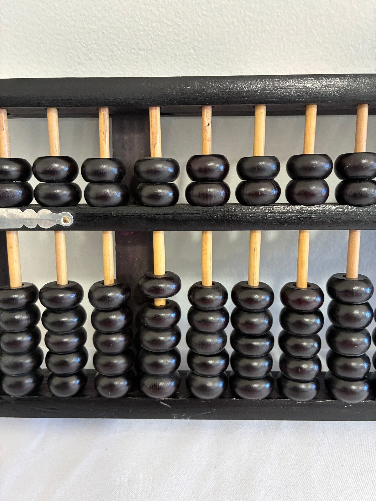 Vintage Asian Wood Abacus, Black with Metal, 13-Rod Counting Frame, Black Beads