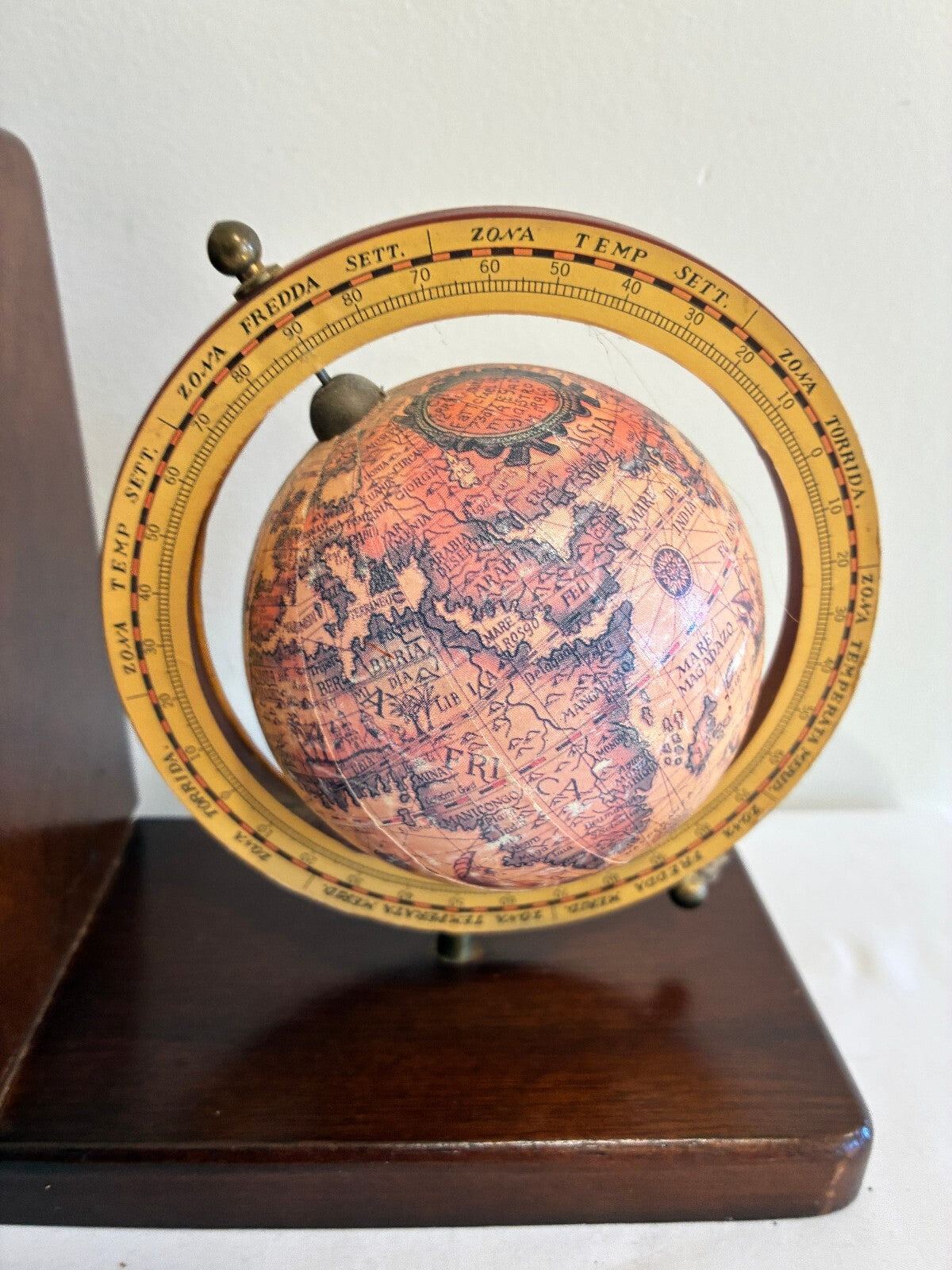 Vintage Pair of Old World Globe Bookends, Wood Bookends with Map Globes