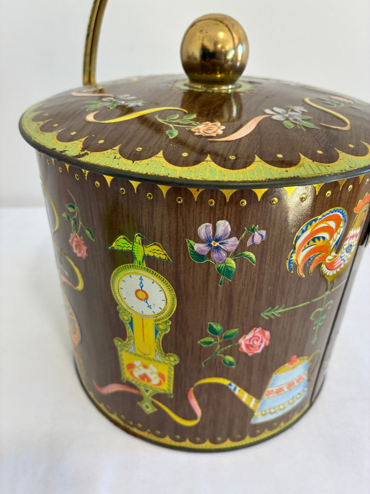 Vintage Daher England Tin with Handle and Lid, Clock Spinning Wheel Roses