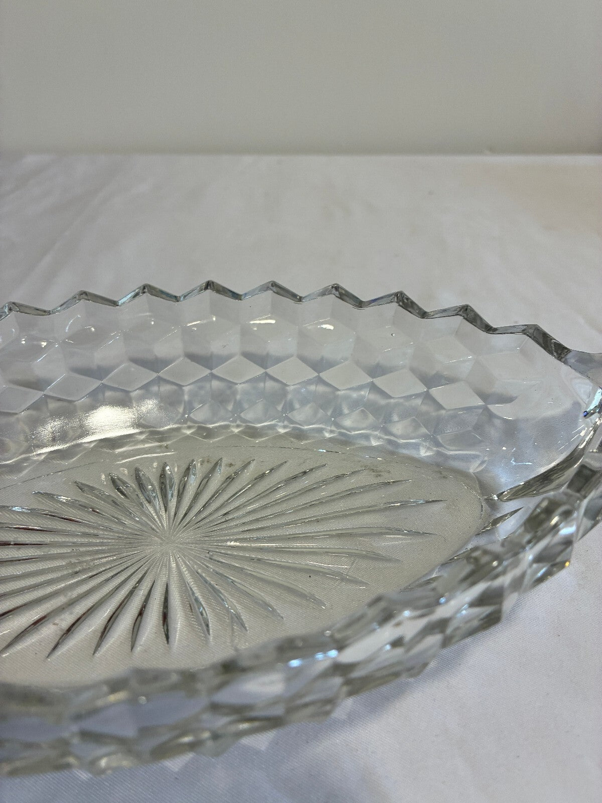 Vintage Fostoria American Crystal Boat Dish | Oval Diamond Cut Glass Relish Tray | Scroll Handle Bowl | Vintage Finds