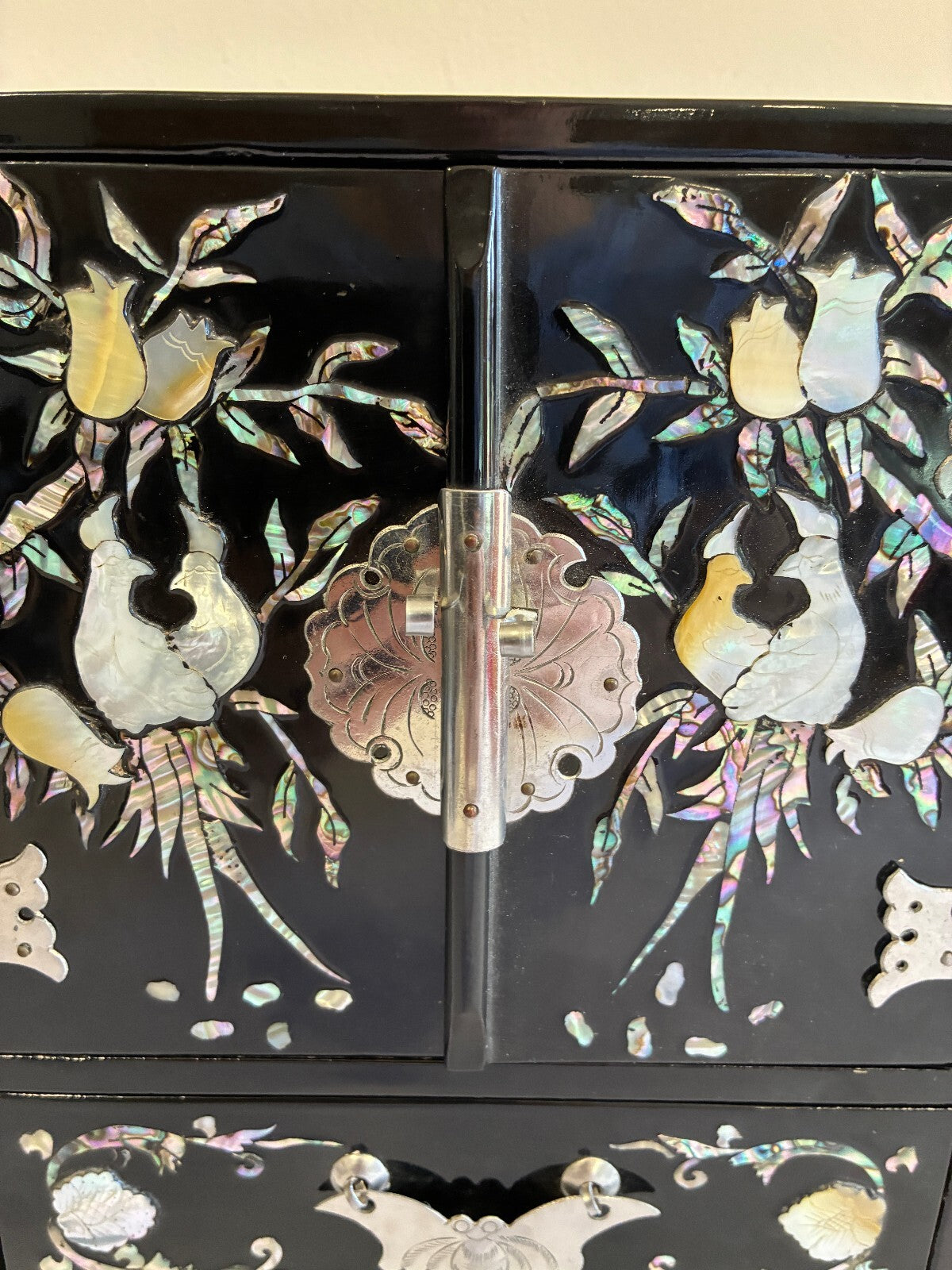Vintage Black Lacquer Mother of Pearl Jewelry Cabinet | Asian Bird Floral Inlay