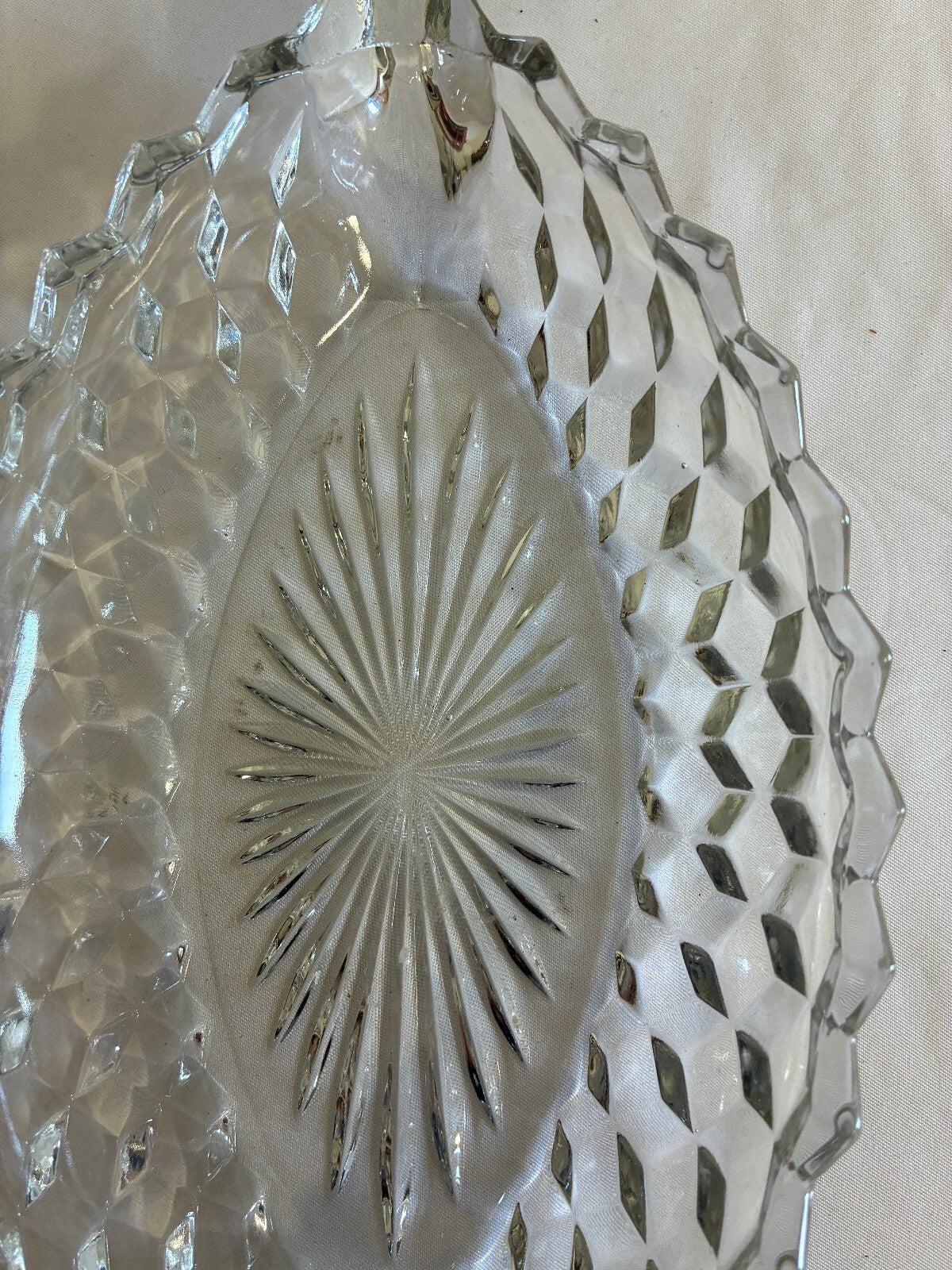 Vintage Fostoria American Crystal Boat Dish | Oval Diamond Cut Glass Relish Tray | Scroll Handle Bowl | Vintage Finds