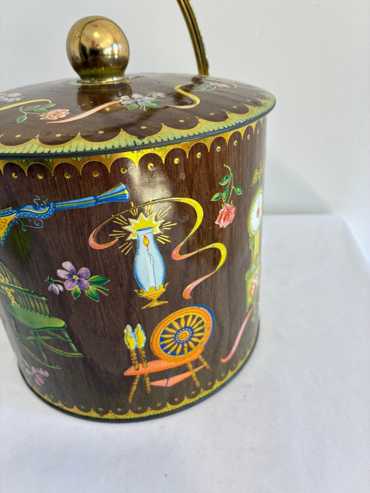 Vintage Daher England Tin with Handle and Lid, Clock Spinning Wheel Roses