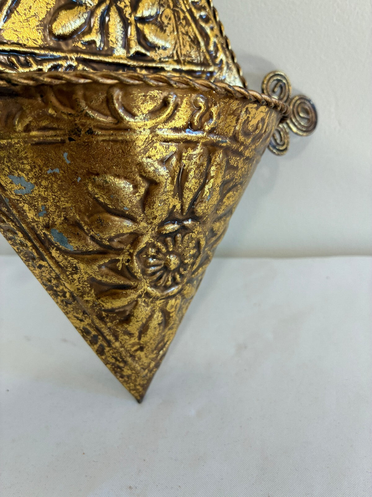 Vintage Hosley Gold Wall Pocket, Embossed Floral Hanging Vase