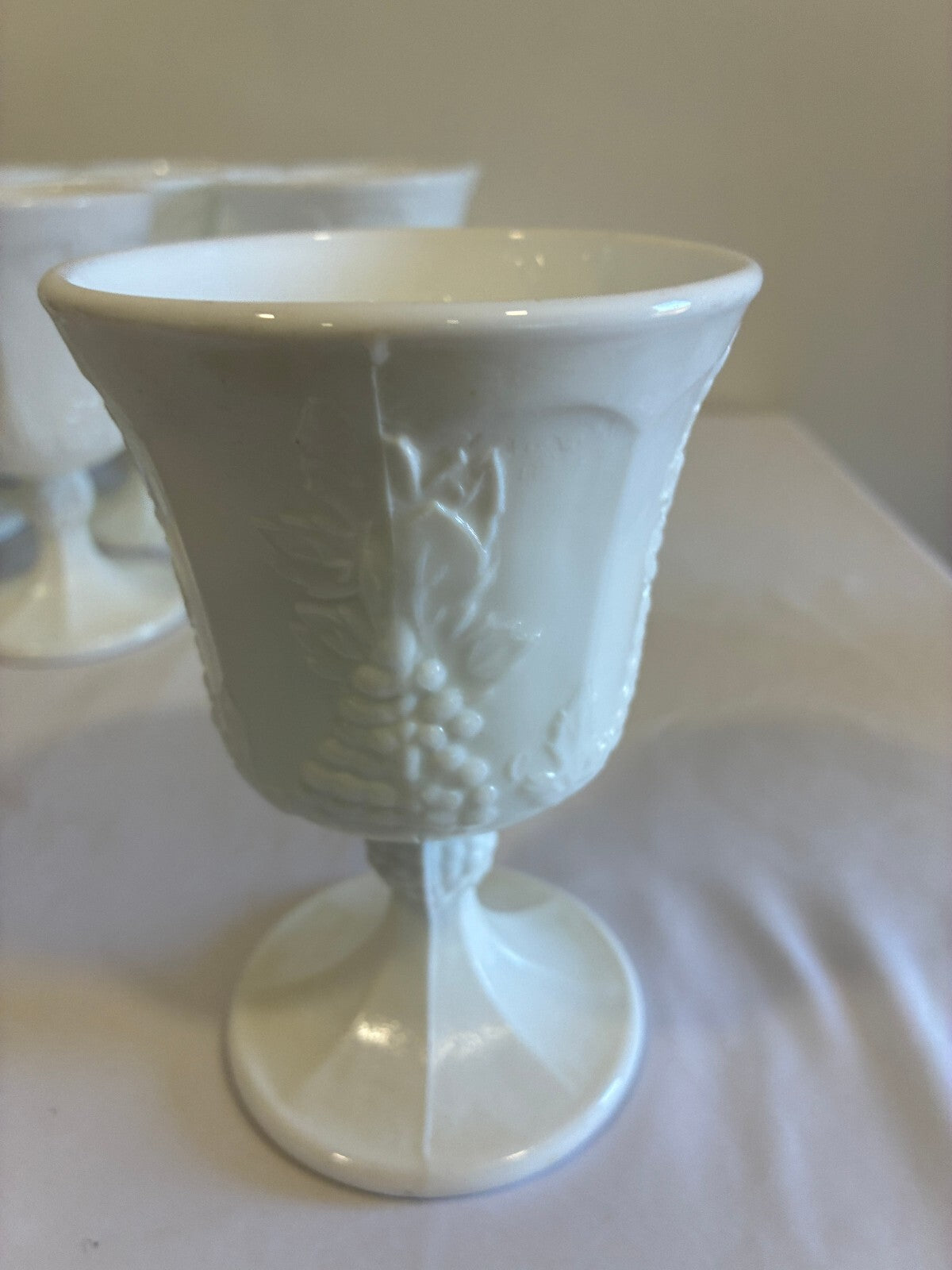 Vintage Milk Glass Goblets Set of 9, White Grape Vine Pattern w/ Pedestal Base