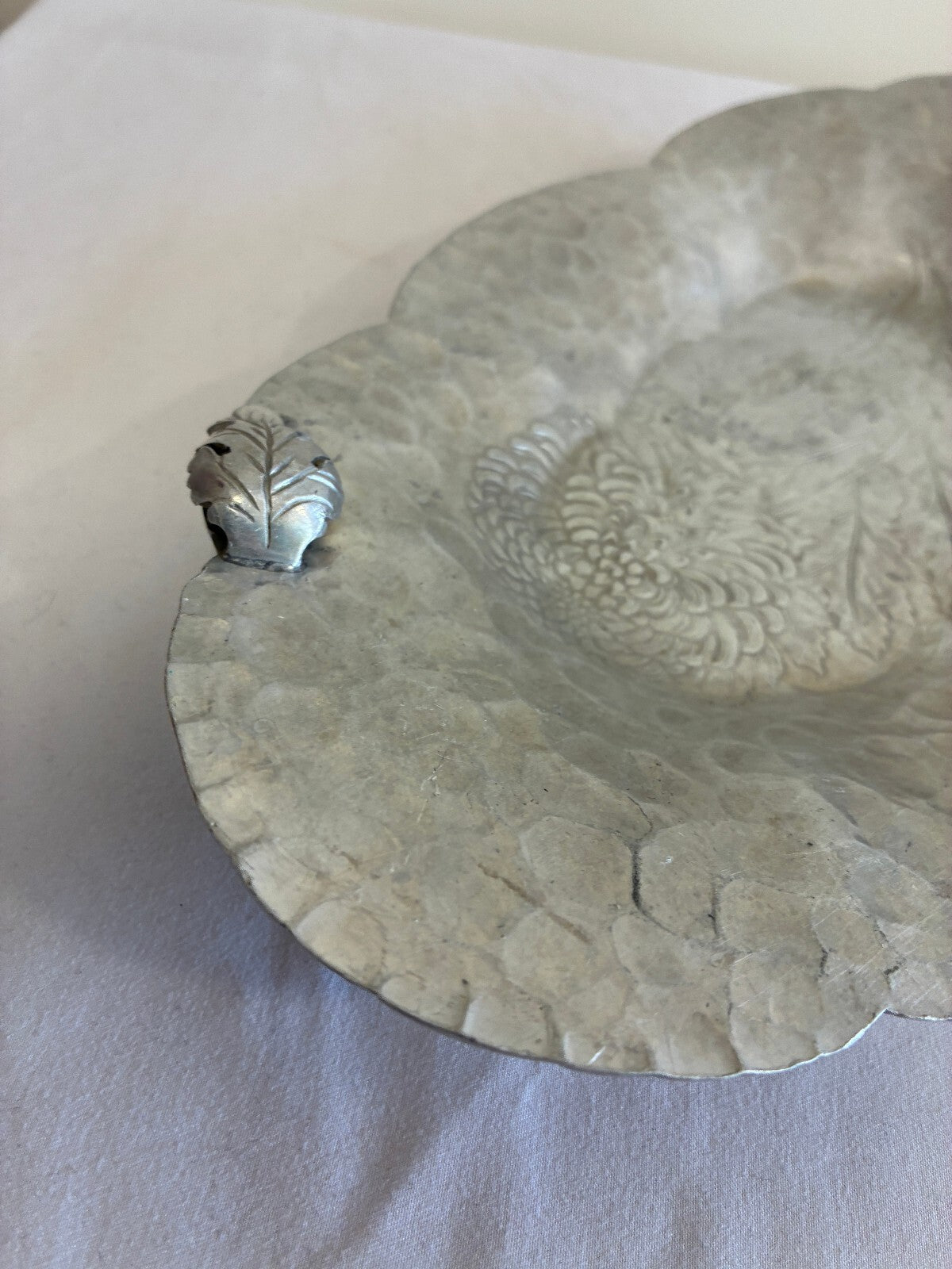 Vintage Continental Hand Wrought Aluminum Tray | Chrysanthemum Leaf Serving Dish