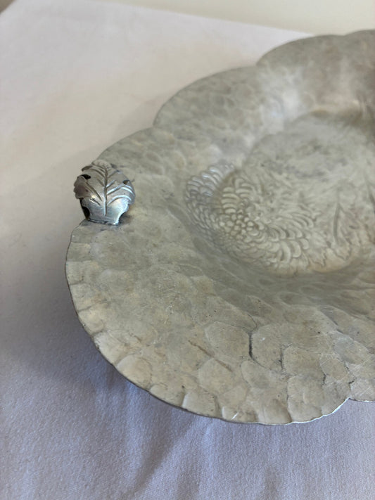 Vintage Continental Hand Wrought Aluminum Tray | Chrysanthemum Leaf Serving Dish
