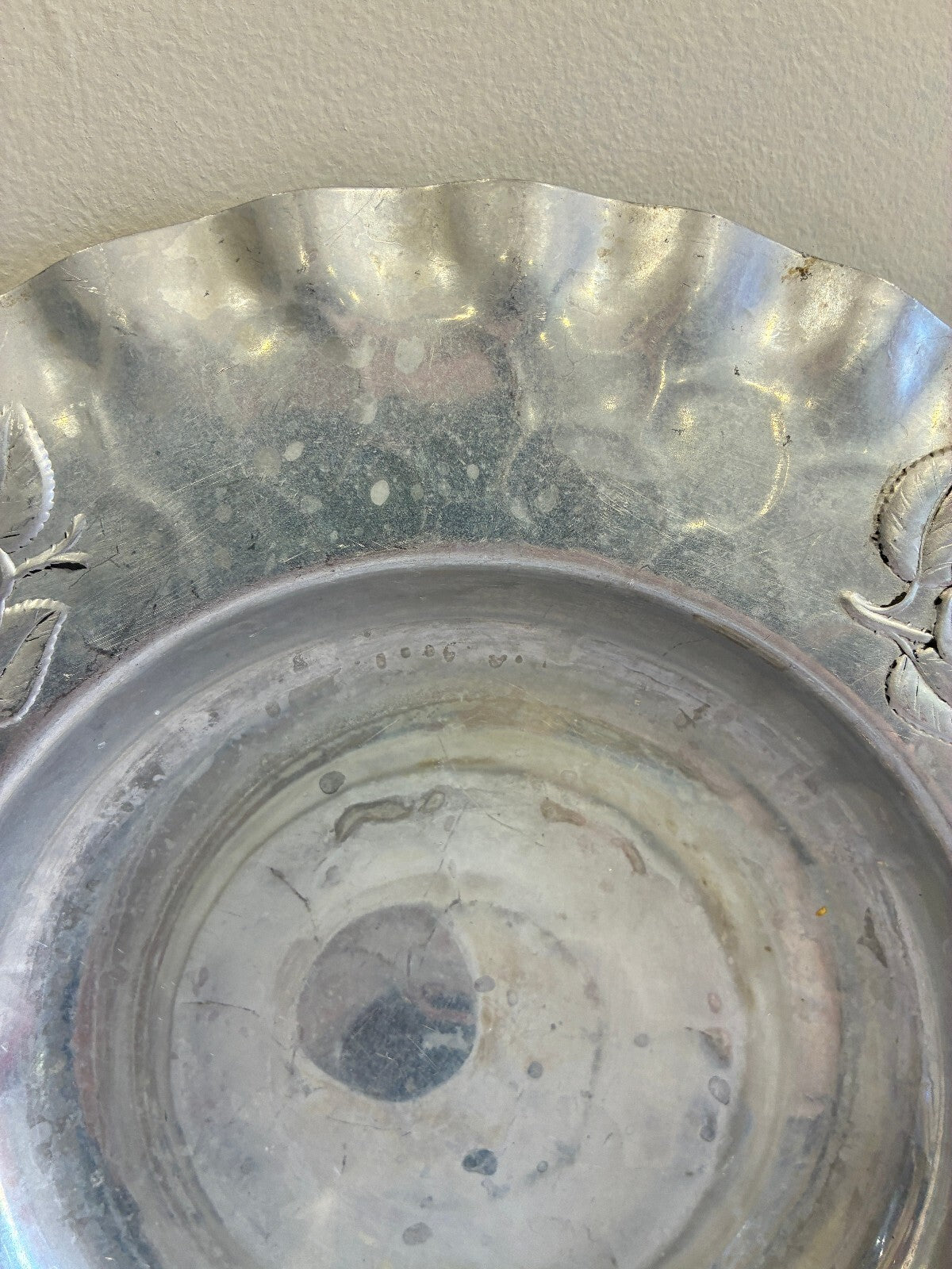 Vintage Hammered Aluminum Bowl | Hand Chased Rose Design Ruffled Rim
