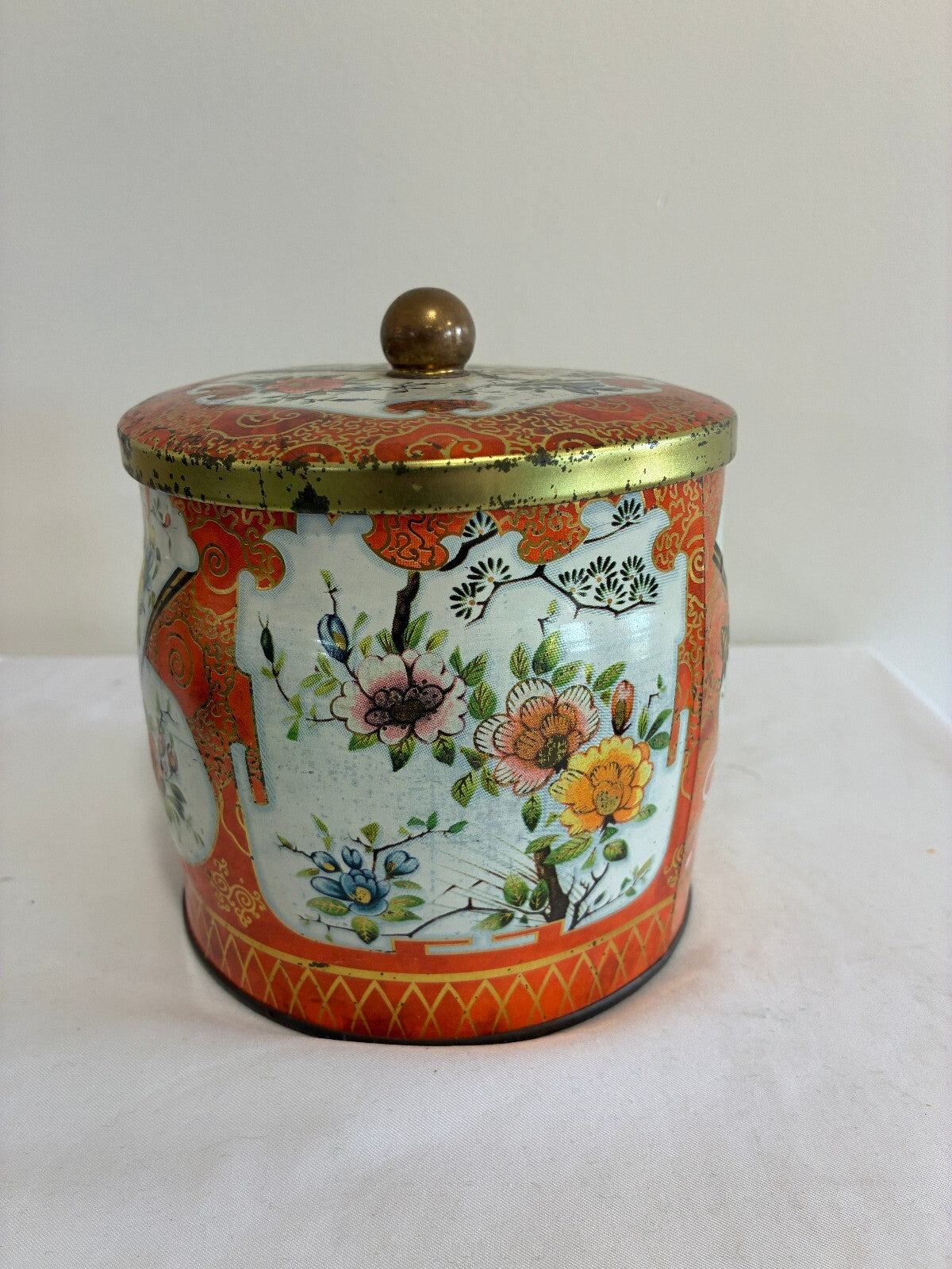 Vintage Daher Tin, Brass Knob Lid, Orange Chinoiserie Canister, Made in England