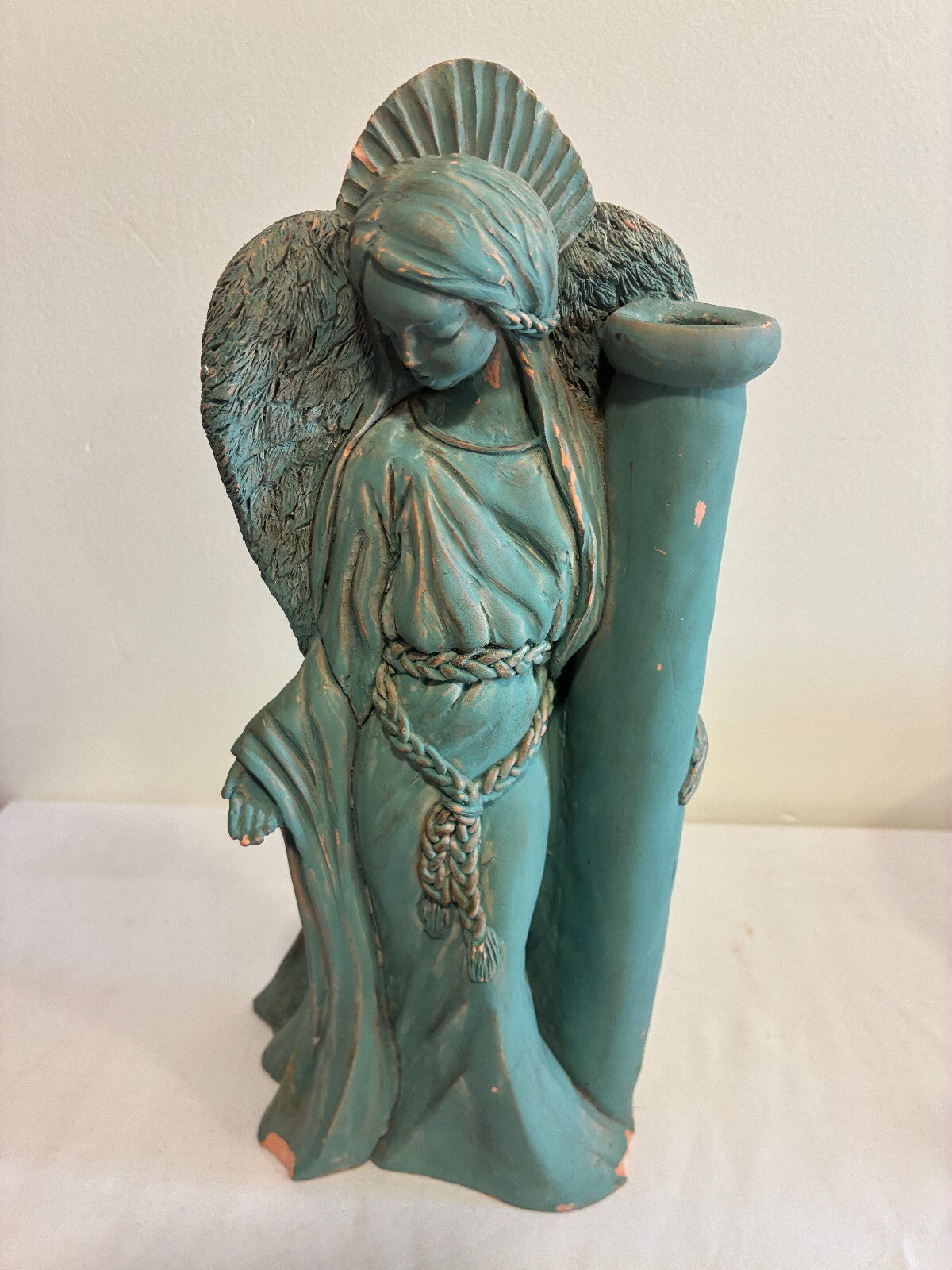 Vintage Terracotta Angel Candle Holder, Verdigris Patina Winged Figure Sculpture